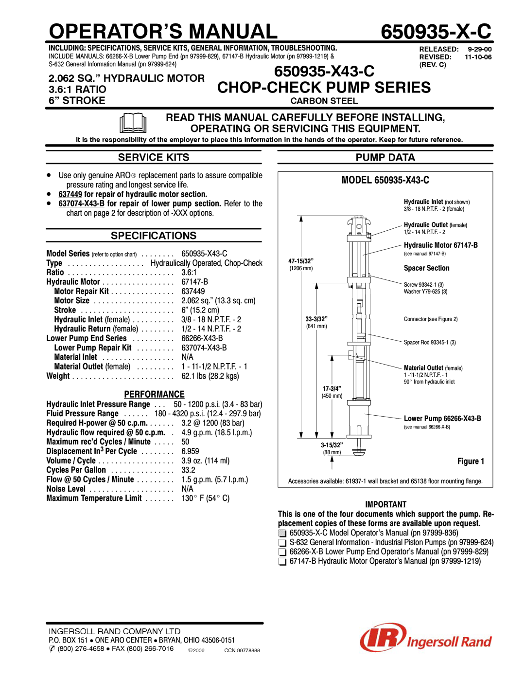 Ingersoll-Rand 650935-X43-C specifications 062 SQ. Hydraulic Motor, Stroke, Service Kits, Specifications, Pump Data 