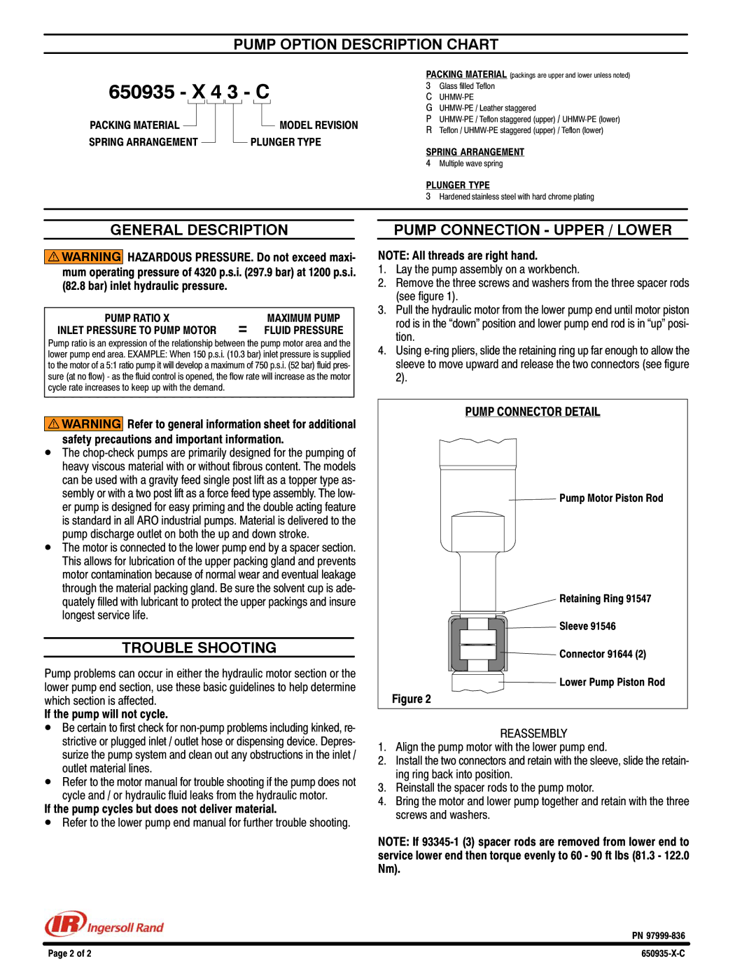 Ingersoll-Rand 650935-X43-C specifications Pump Option Description Chart, General Description, Trouble Shooting 