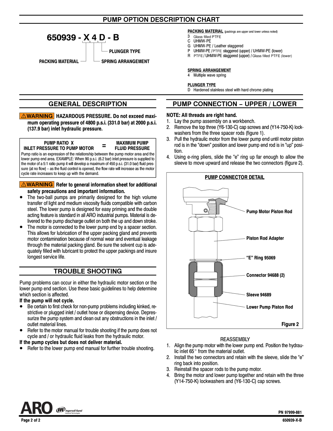 Ingersoll-Rand 650939-X4D-B specifications Pump Option Description Chart, General Description, Trouble Shooting 