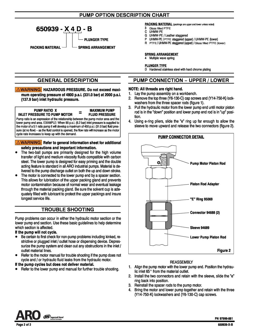 Ingersoll-Rand 650939-X4D-B specifications Pump Option Description Chart, General Description, Trouble Shooting, X 4 D - B 