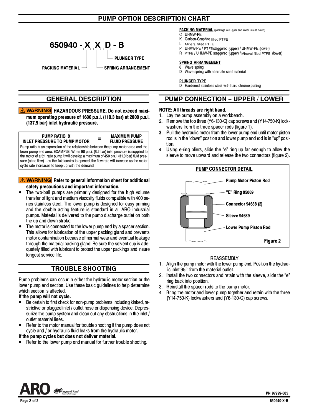 Ingersoll-Rand 650940-XXD-B specifications Pump Option Description Chart, General Description, Trouble Shooting 