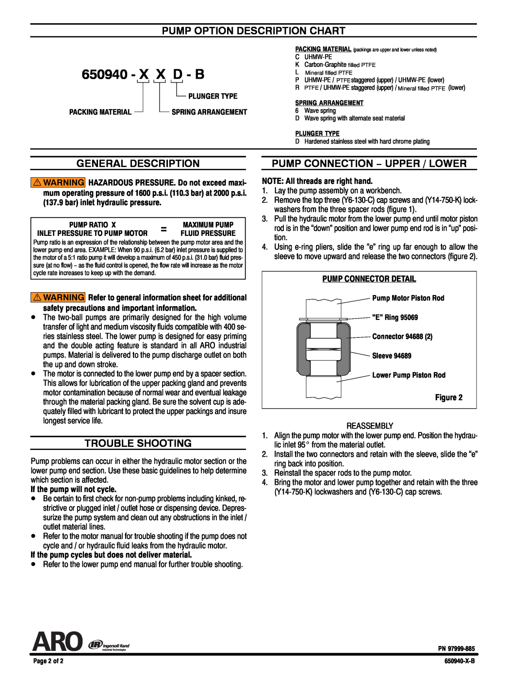 Ingersoll-Rand 650940-XXD-B specifications Pump Option Description Chart, General Description, Trouble Shooting, X X D - B 
