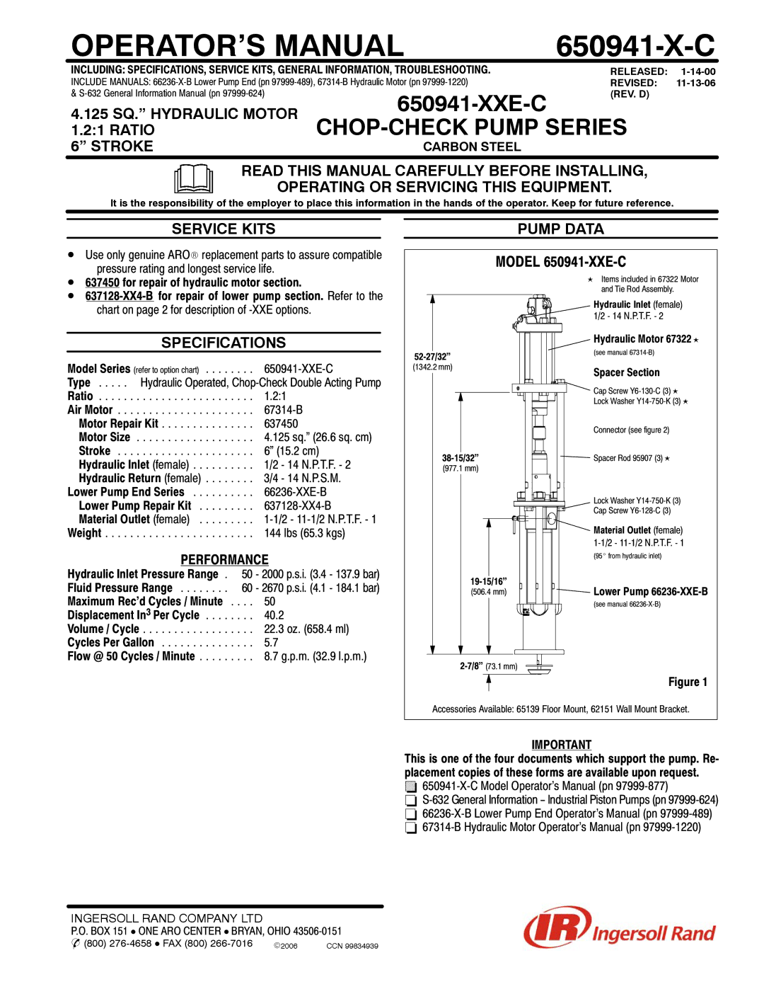 Ingersoll-Rand 650941-X-C specifications 125 SQ. Hydraulic Motor, Stroke, Service Kits, Pump Data, Specifications 