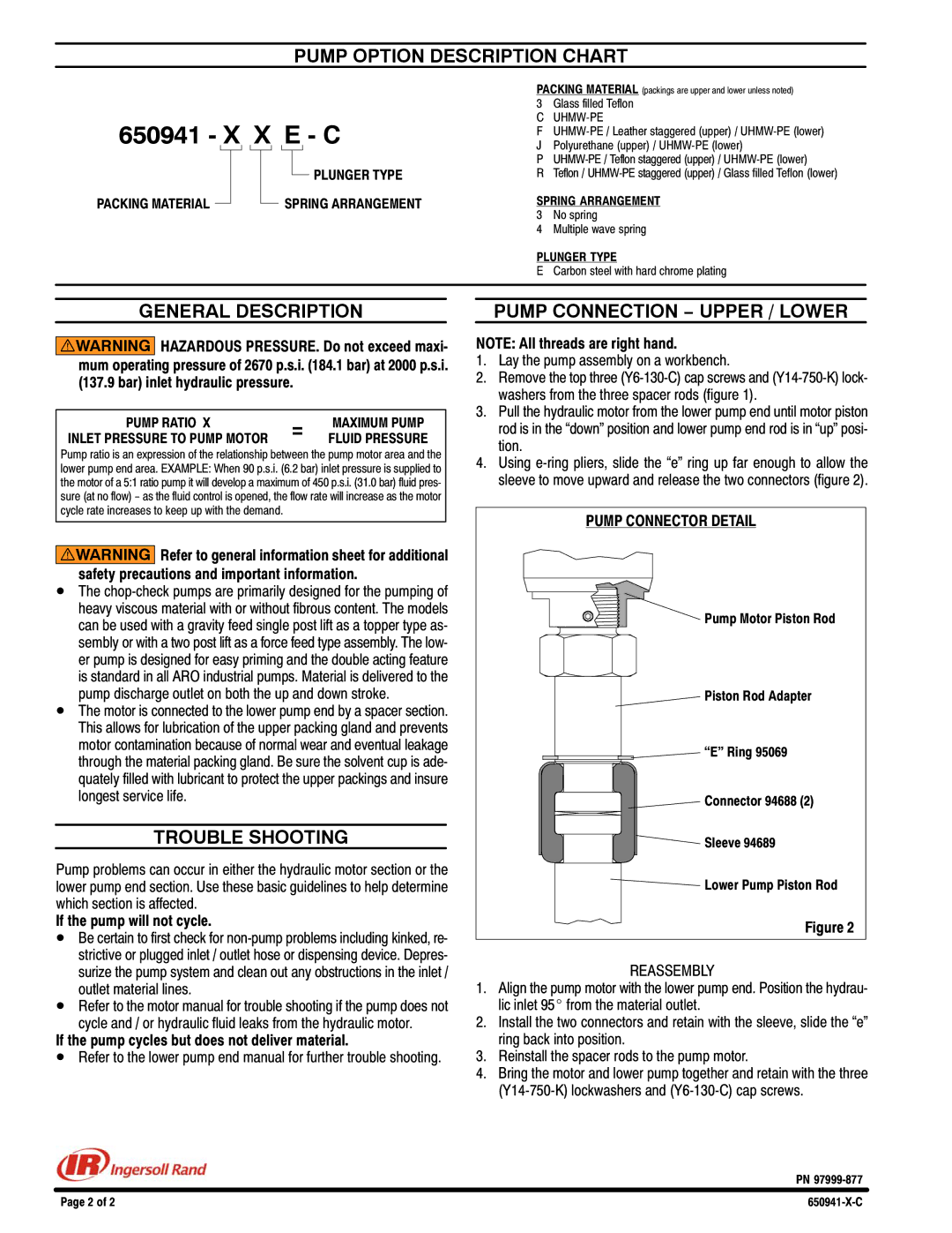 Ingersoll-Rand 650941-X-C specifications Pump Option Description Chart, General Description, Trouble Shooting 