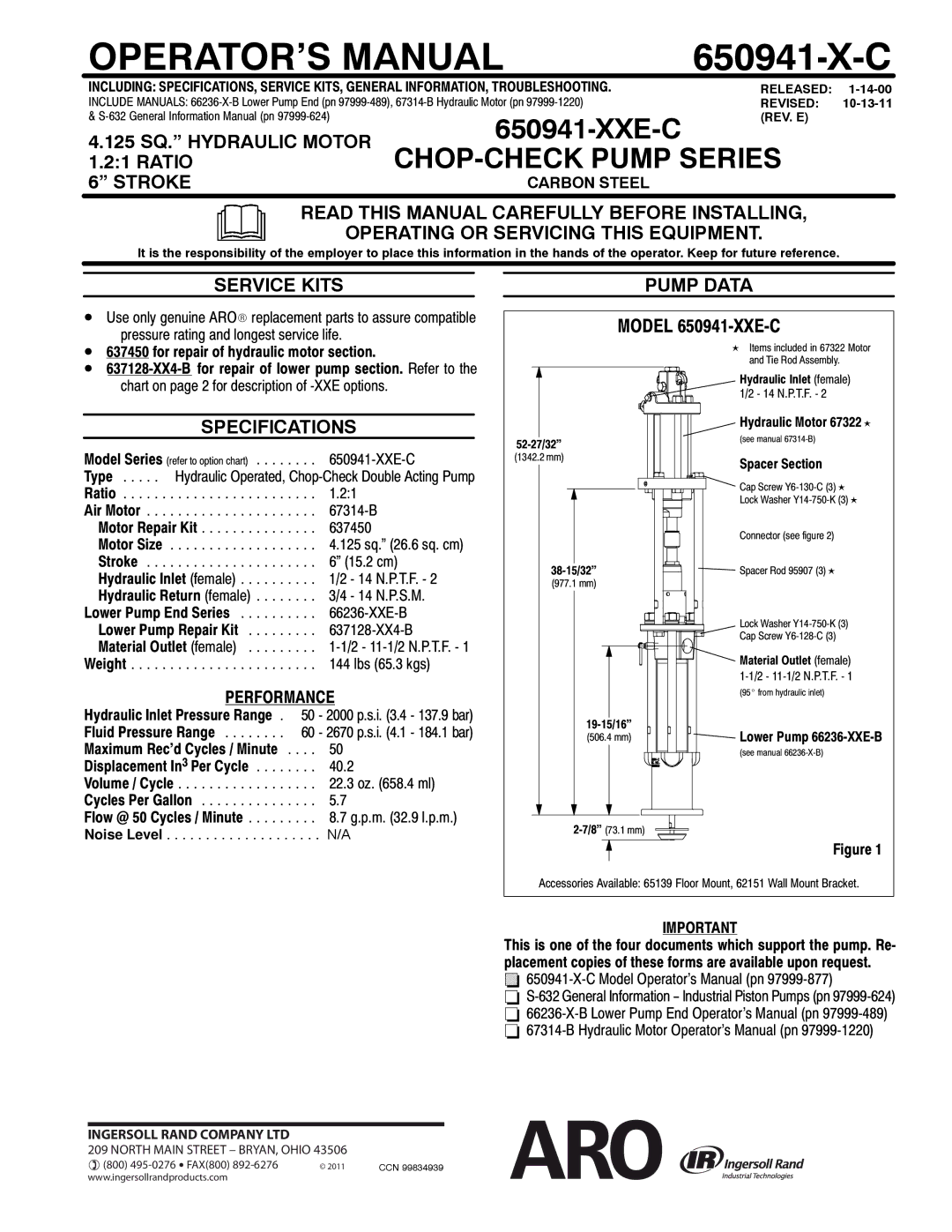 Ingersoll-Rand 650941-XXE-C specifications 125 SQ. Hydraulic Motor, Stroke, Service Kits, Pump Data, Specifications 