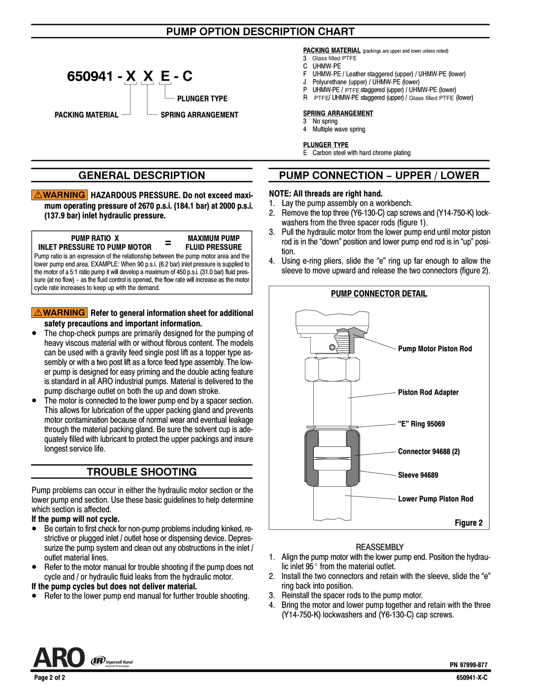 Ingersoll-Rand 650941-XXE-C specifications Pump Option Description Chart, General Description, Trouble Shooting 