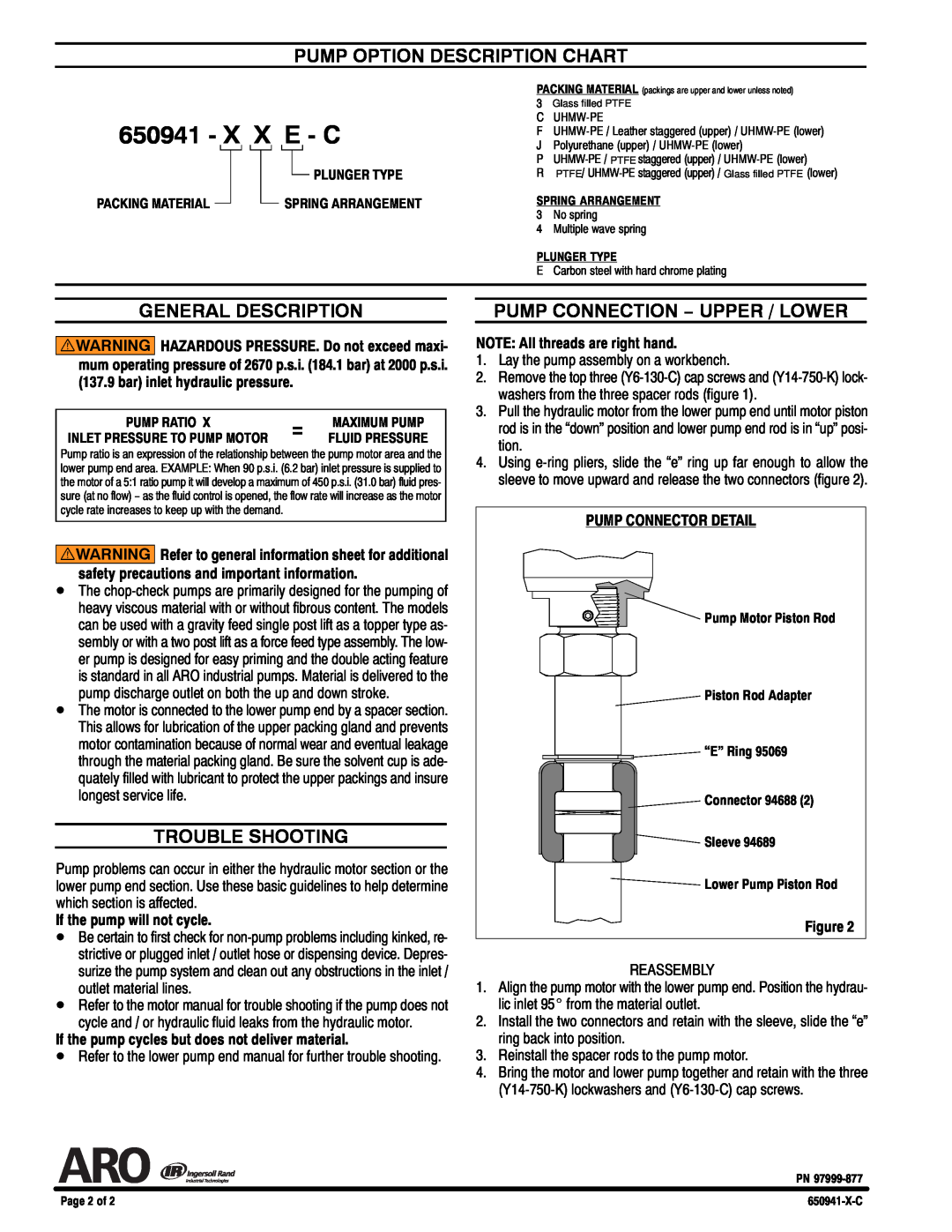 Ingersoll-Rand 650941-XXE-C specifications Pump Option Description Chart, General Description, Trouble Shooting, X X E - C 