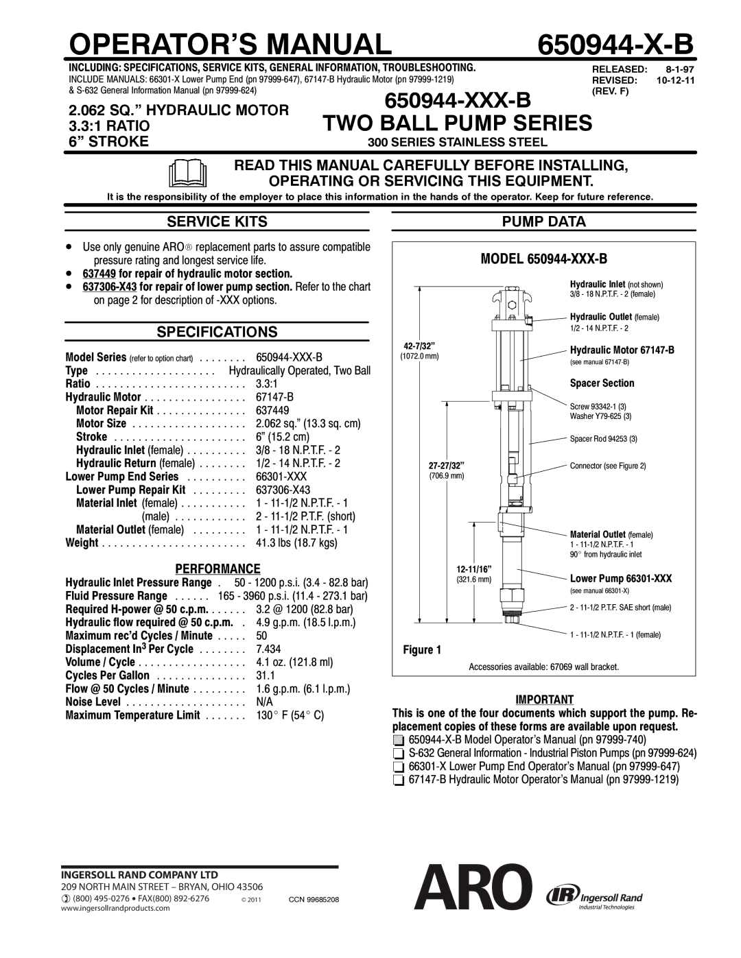 Ingersoll-Rand 650944-X-B specifications 062 SQ. Hydraulic Motor, Stroke, Service Kits, Pump Data, Specifications 