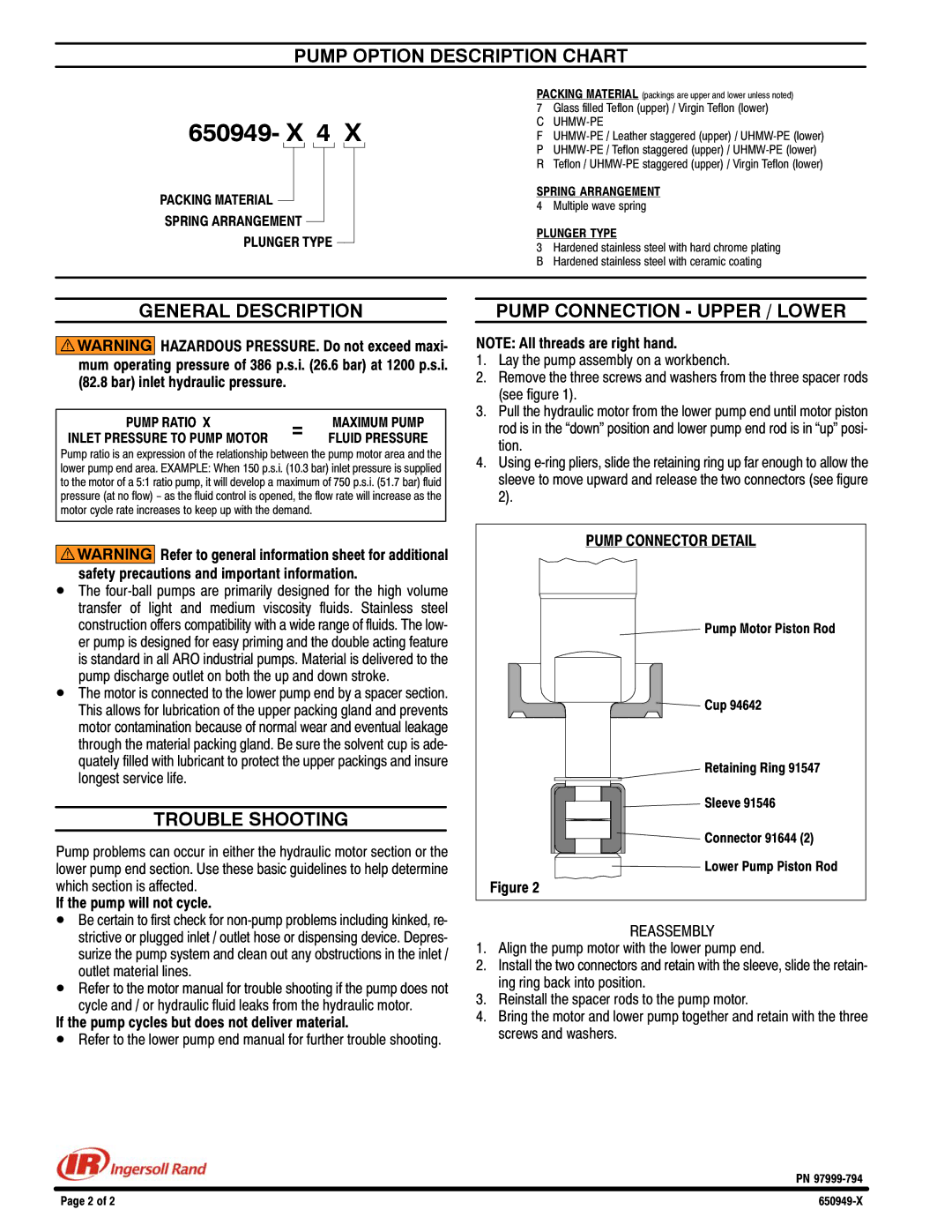 Ingersoll-Rand 650949-X specifications Pump Option Description Chart, General Description, Trouble Shooting 