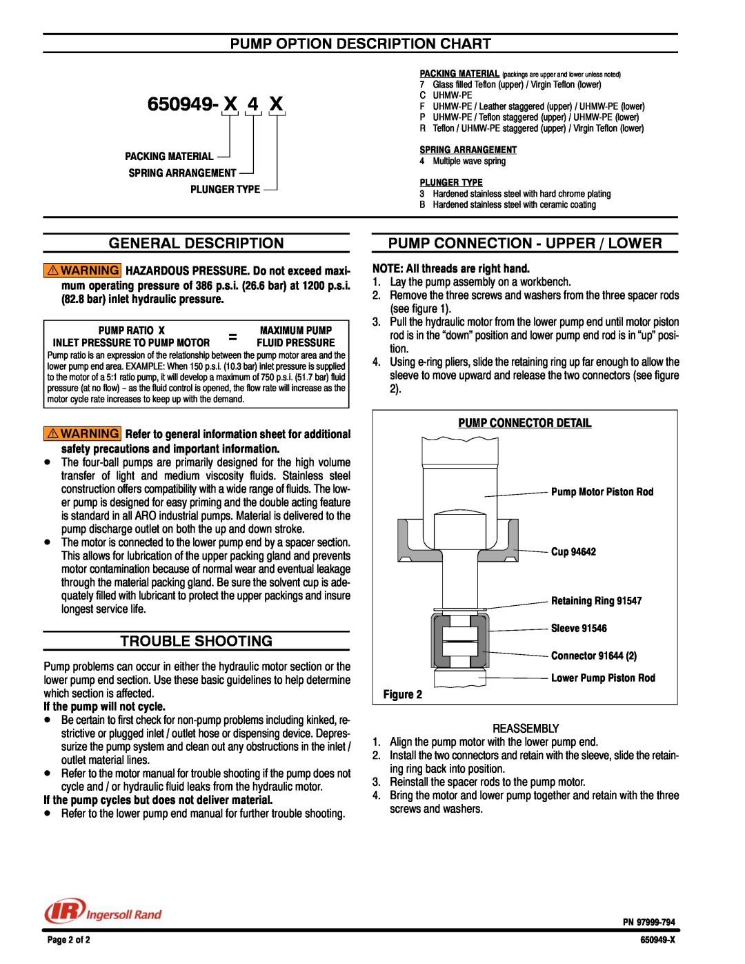Ingersoll-Rand 650949-X specifications Pump Option Description Chart, General Description, Trouble Shooting, 650949- X 4 