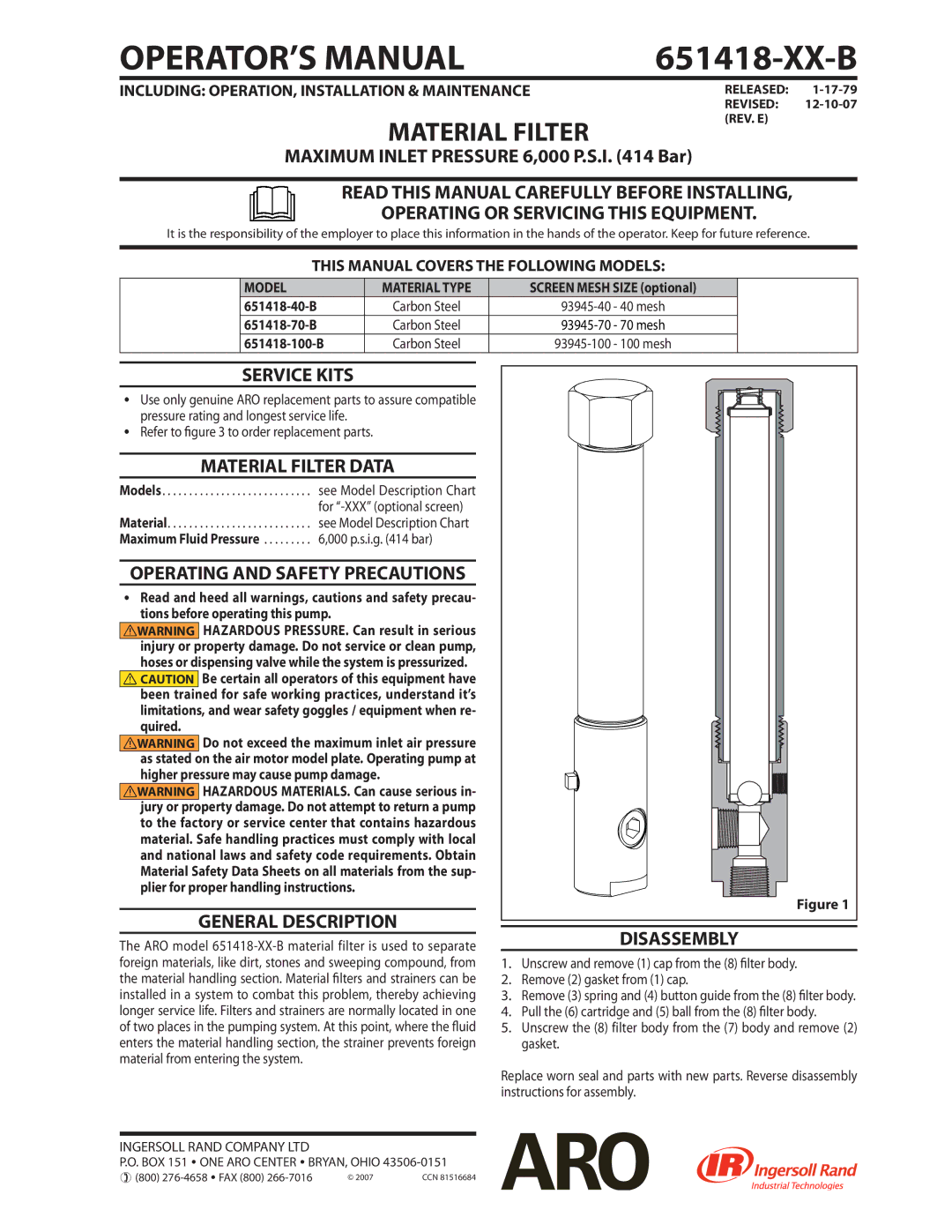 Ingersoll-Rand 651418-40-B, 651418-100-B manual Service Kits, Material Filter Data, General Description, Disassembly 