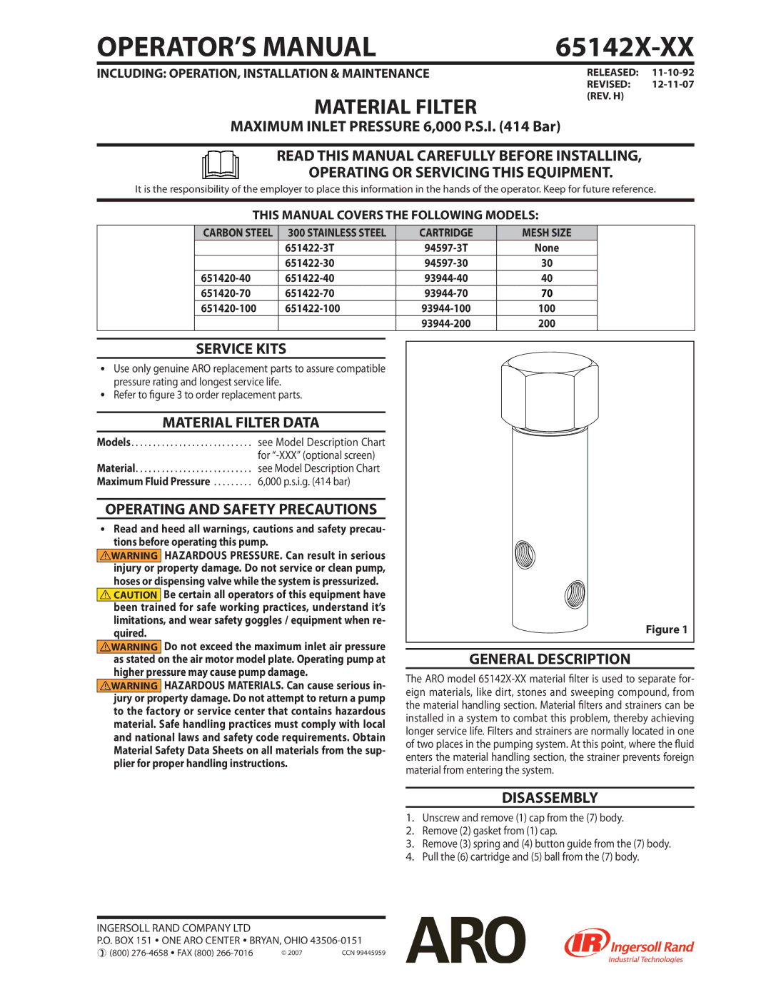 Ingersoll-Rand 65142X-XX manual Service Kits, Material Filter Data, General Description, Disassembly 