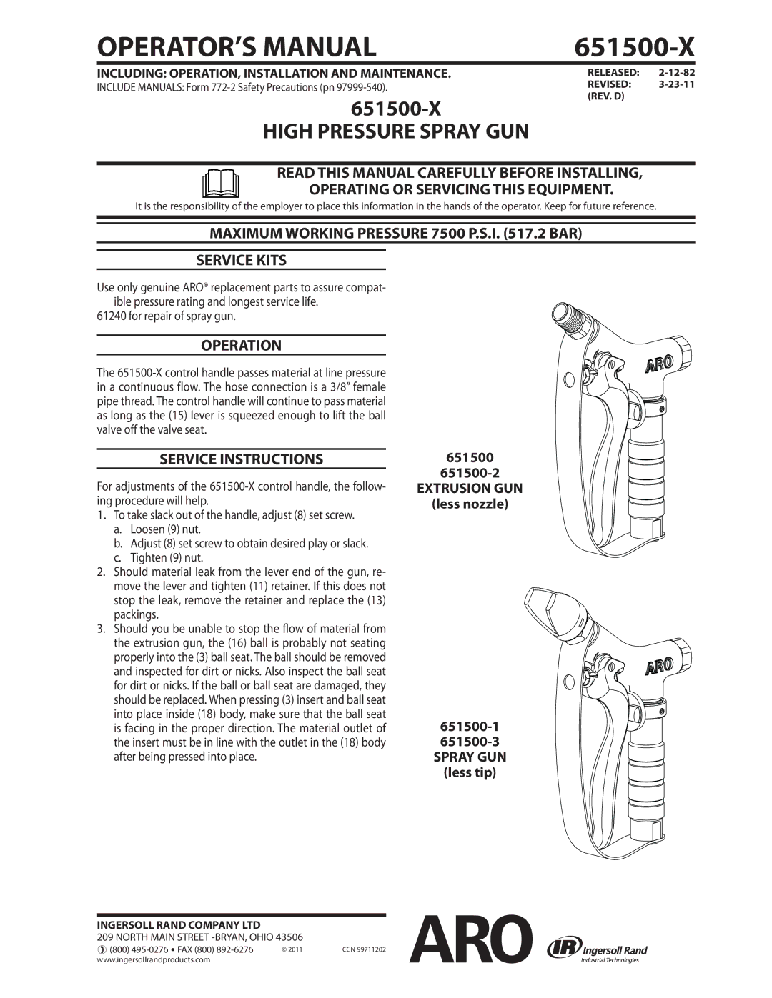 Ingersoll-Rand 651500-X manual Maximum Working Pressure 7500 P.S.I .2 BAR Service Kits, Operation, Service Instructions 