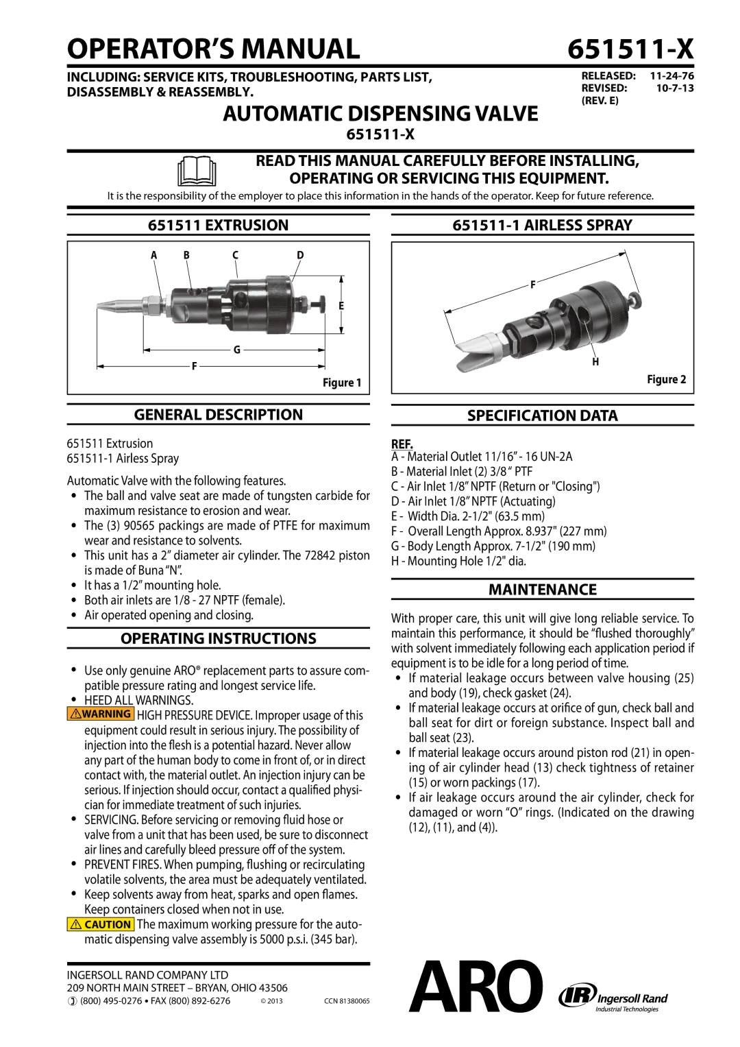 Ingersoll-Rand 651511-X operating instructions Extrusion General Description, Operating Instructions, Maintenance 