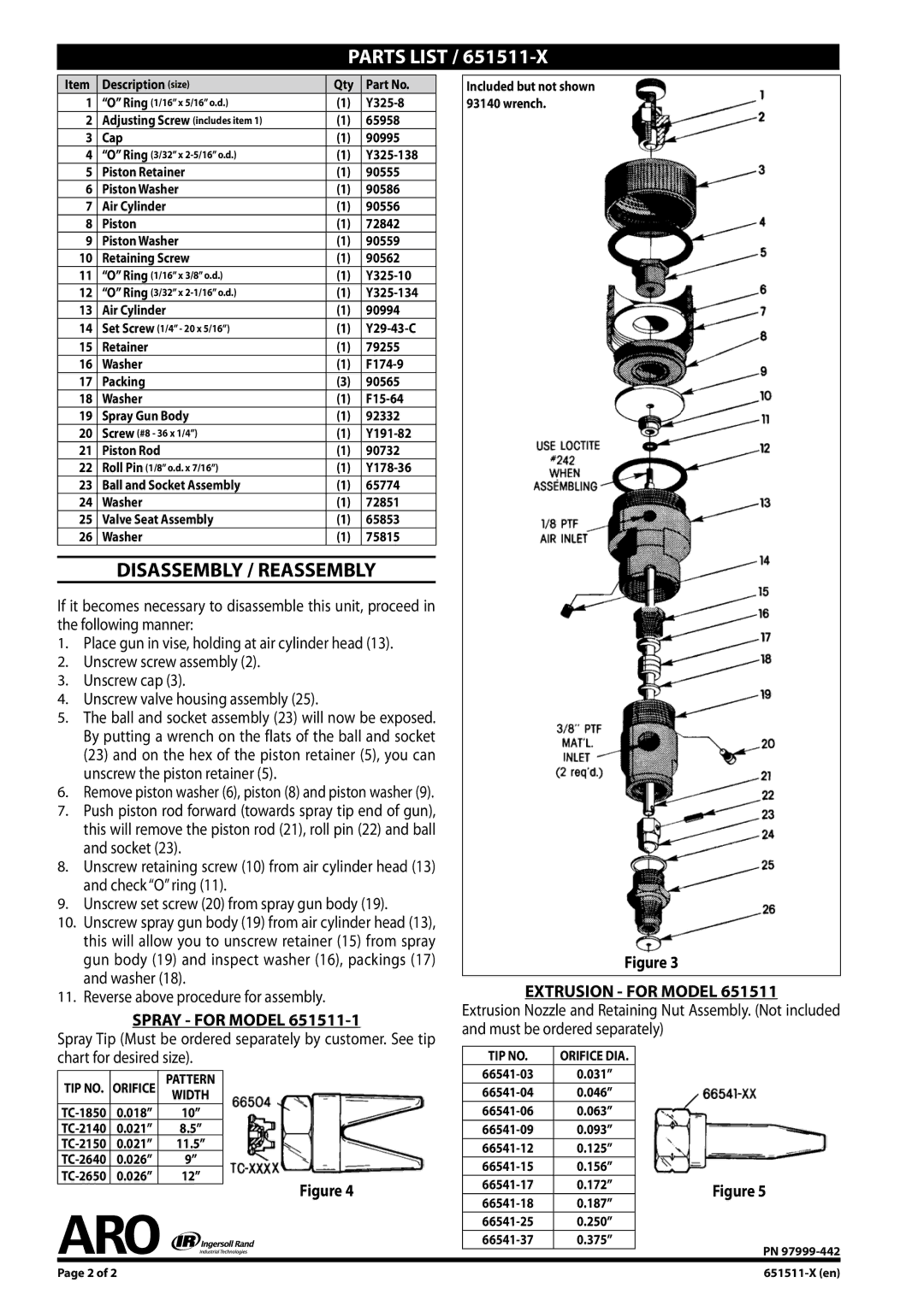 Ingersoll-Rand 651511-X operating instructions Parts List, Disassembly / Reassembly 