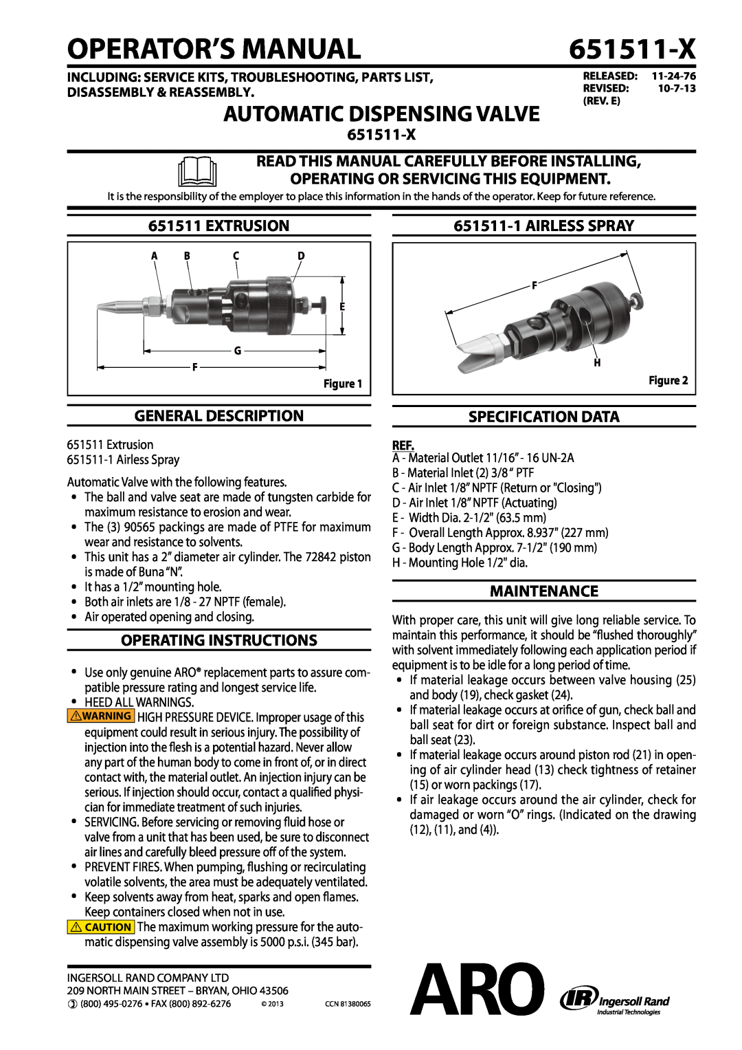 Ingersoll-Rand 651511-X operating instructions Read This Manual Carefully Before Installing, Extrusion, Airless Spray 