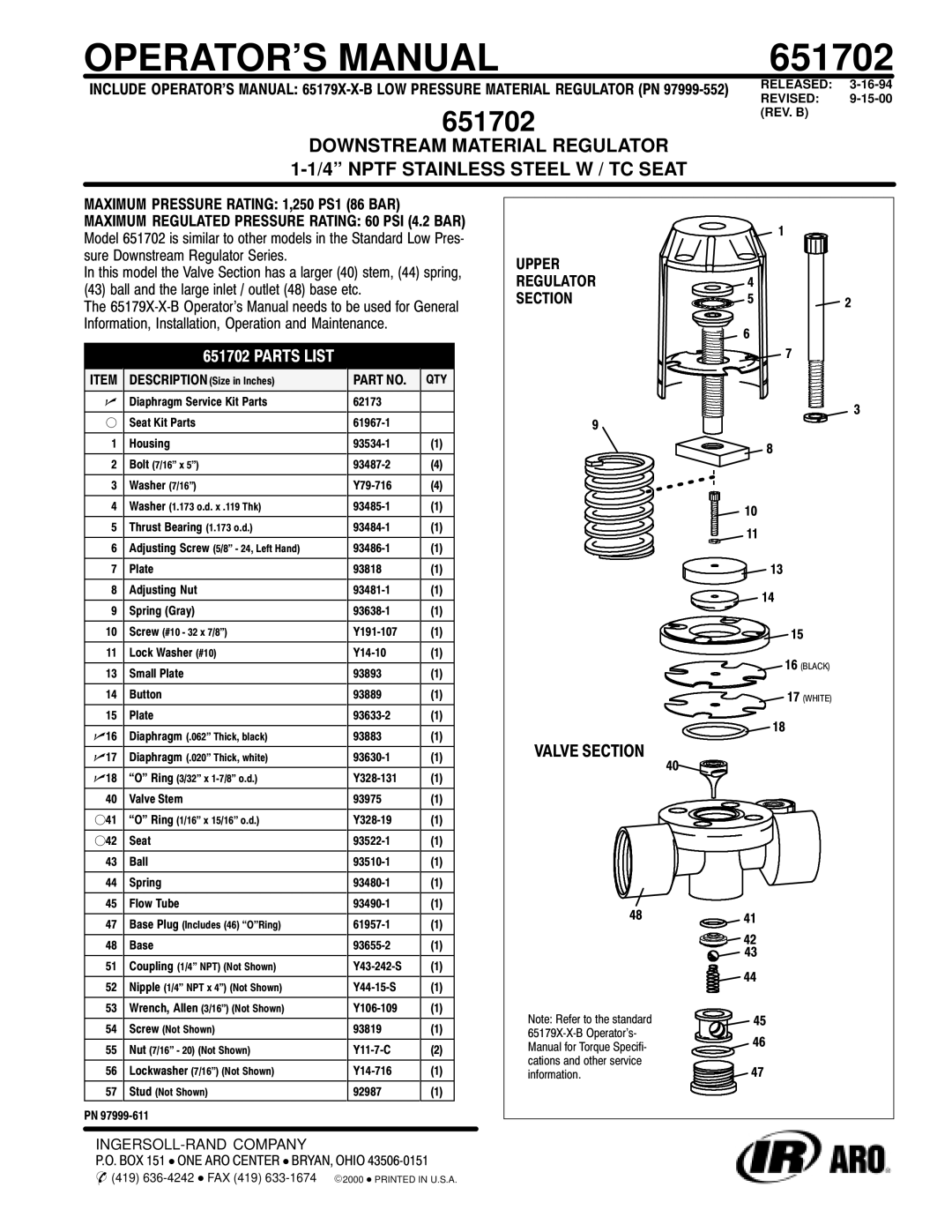 Ingersoll-Rand 651702 manual OPERATOR’S Manual, Parts List 