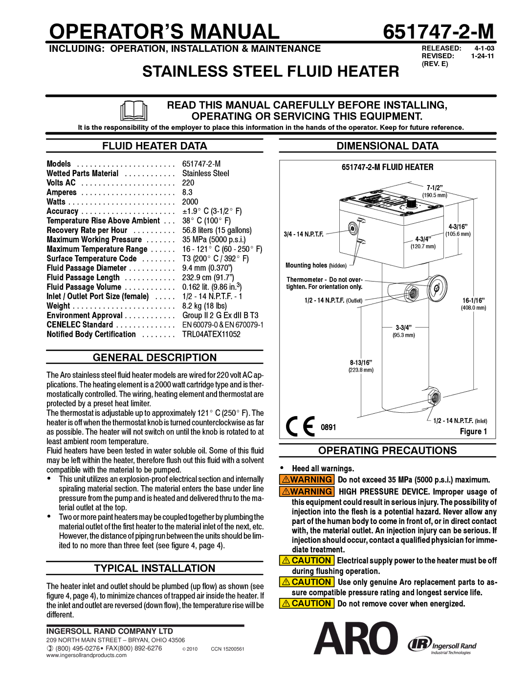 Ingersoll-Rand 651747-2-M manual Fluid Heater Data, General Description, Typical Installation, Dimensional Data 