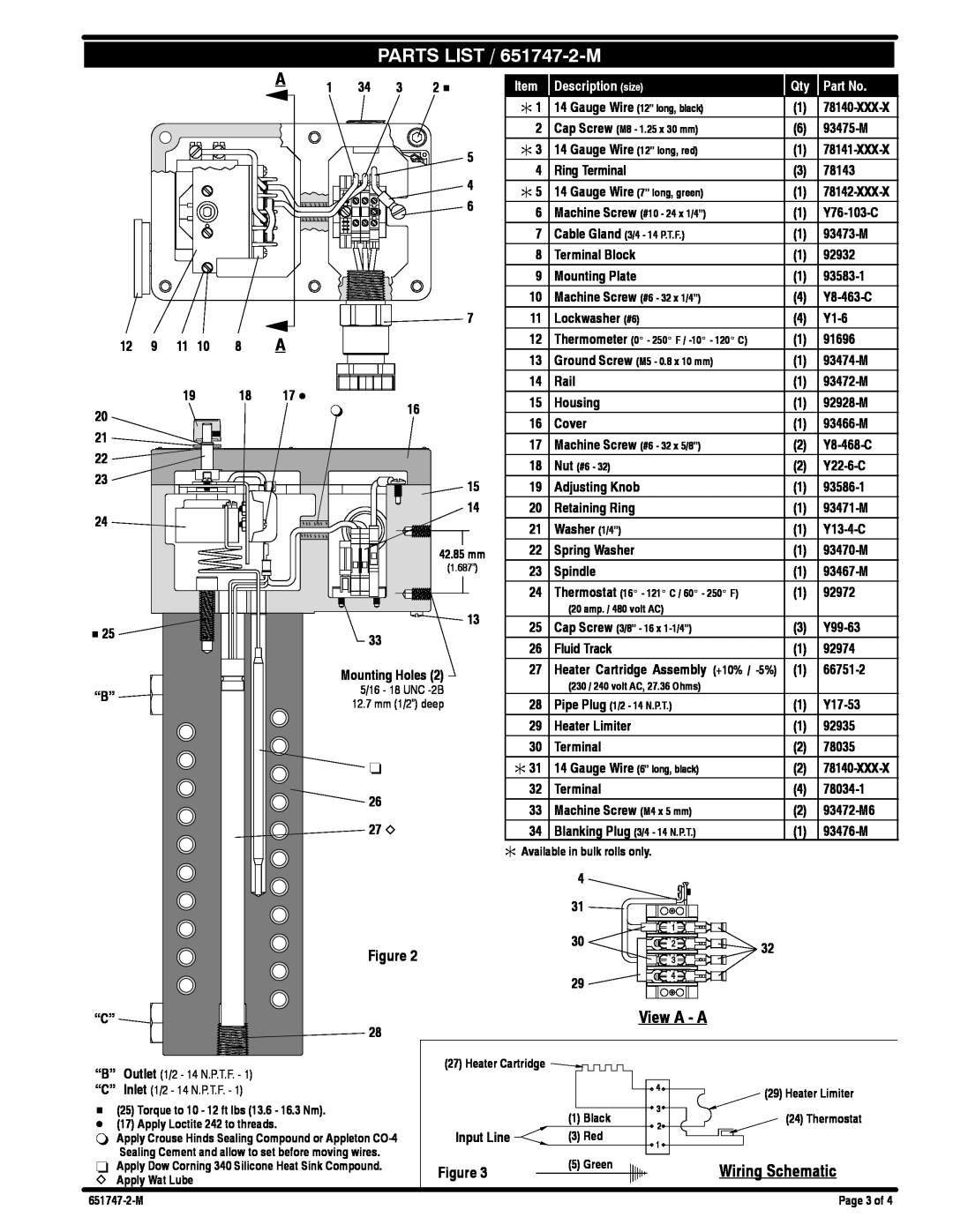 Ingersoll-Rand manual View A - A, Wiring Schematic, PARTS LIST / 651747-2-M, Description size 
