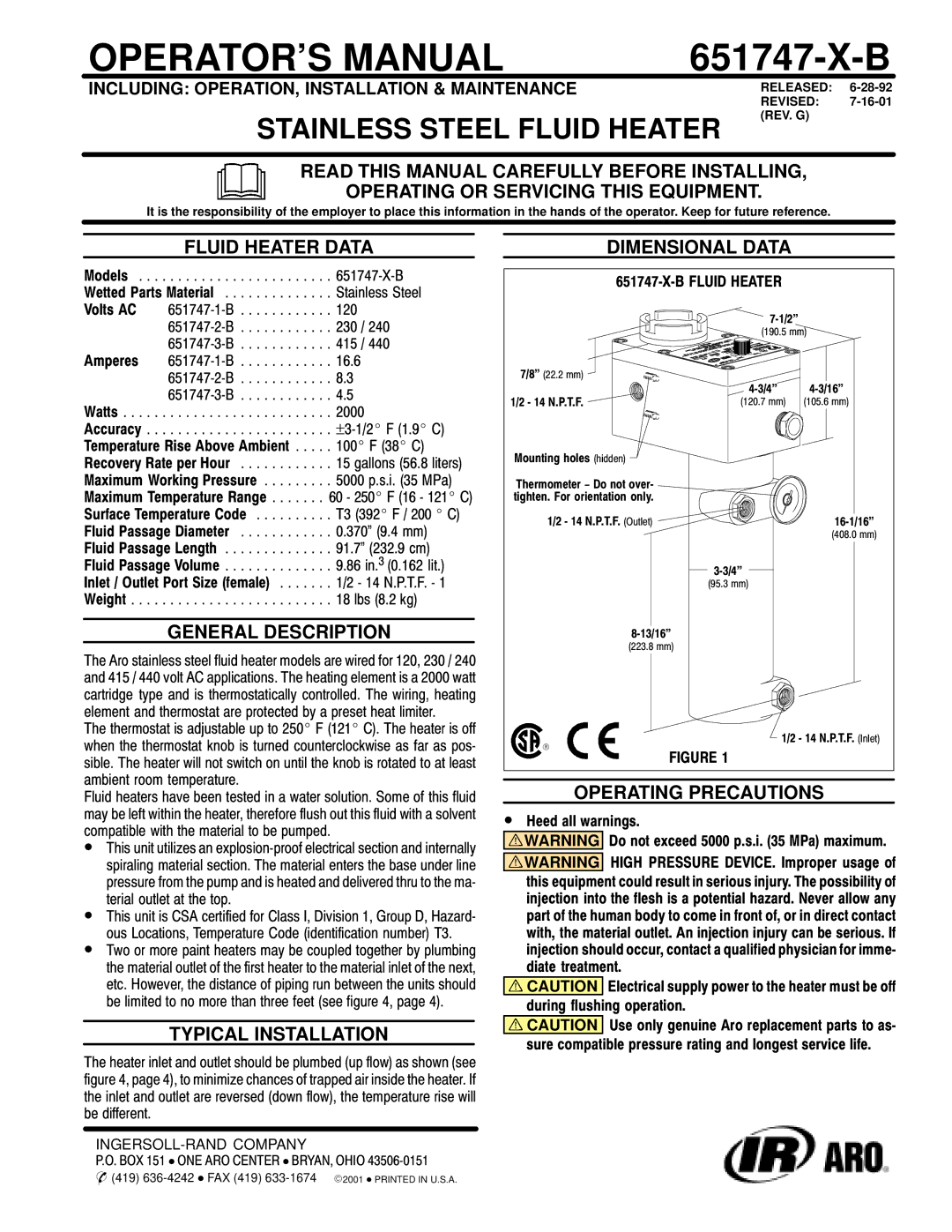 Ingersoll-Rand 651747-X-B manual Fluid Heater Data, General Description, Typical Installation, Dimensional Data 