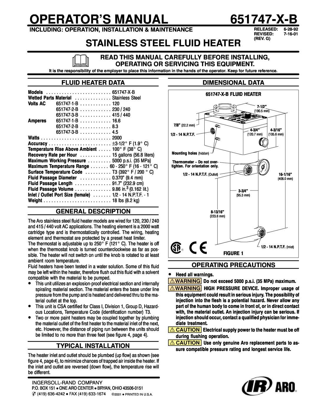 Ingersoll-Rand 651747-X-B manual Read This Manual Carefully Before Installing, Operating Or Servicing This Equipment 