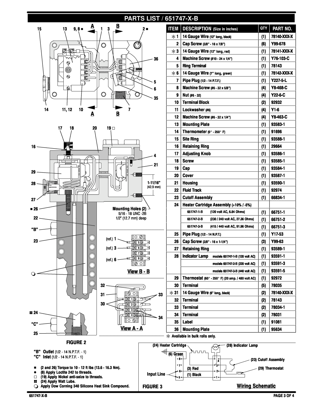 Ingersoll-Rand manual PARTS LIST / 651747-X-B, View B / B, Wiring Schematic, ITEM DESCRIPTION Size in inches, Part No 