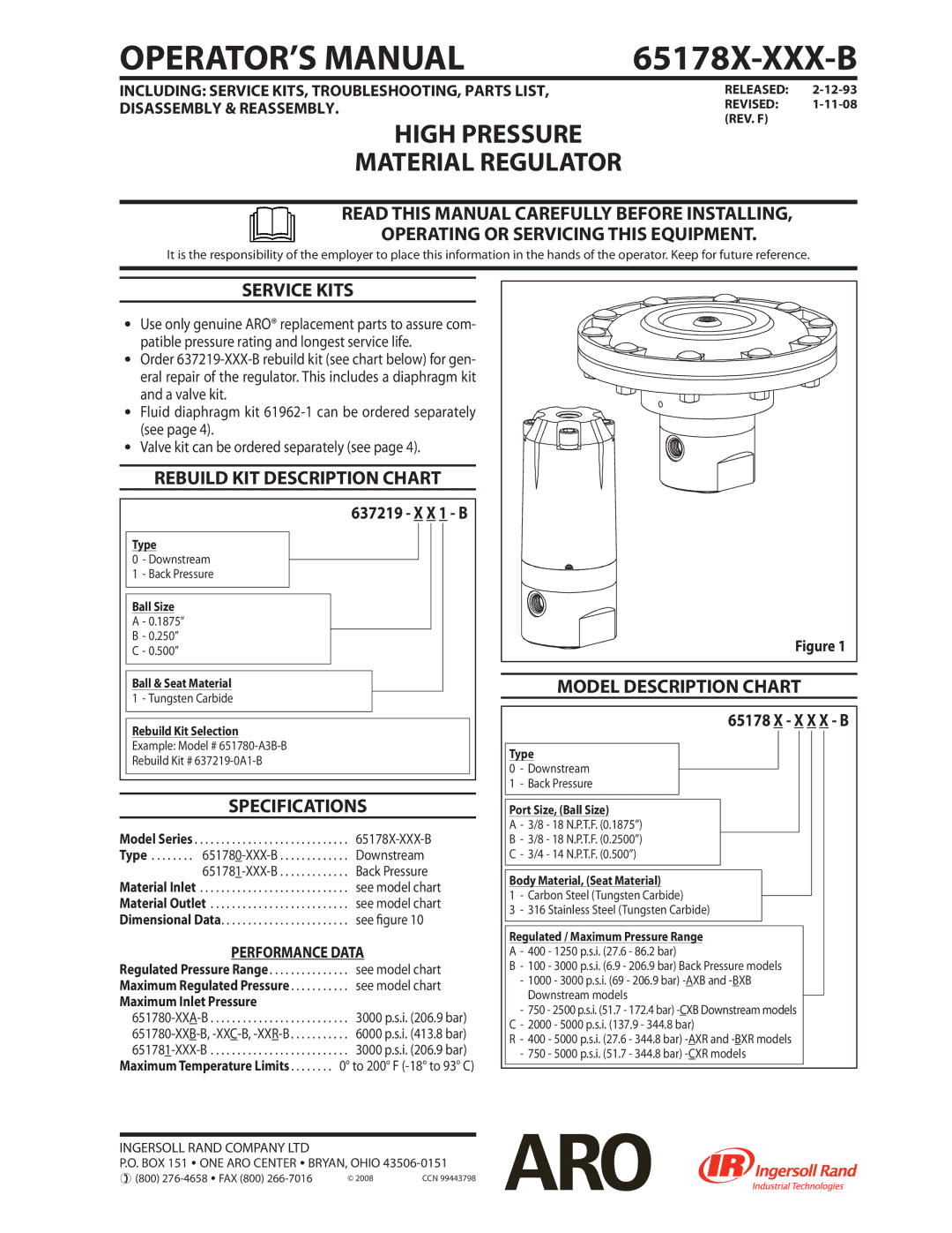 Ingersoll-Rand 65178X-XXX-B specifications Service Kits, Rebuild KIT Description Chart, Specifications 