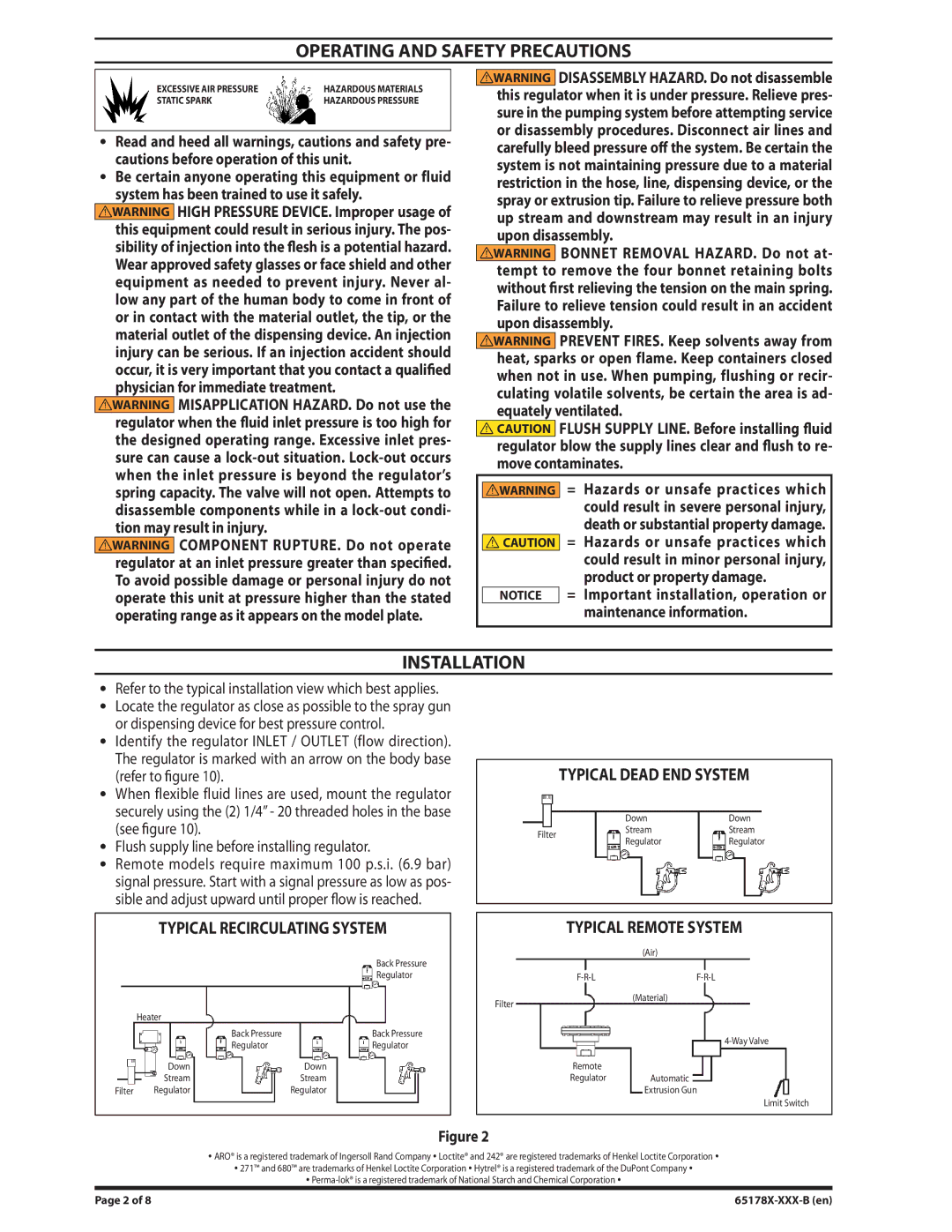 Ingersoll-Rand 65178X-XXX-B specifications Operating and Safety Precautions, Installation, Product or property damage 