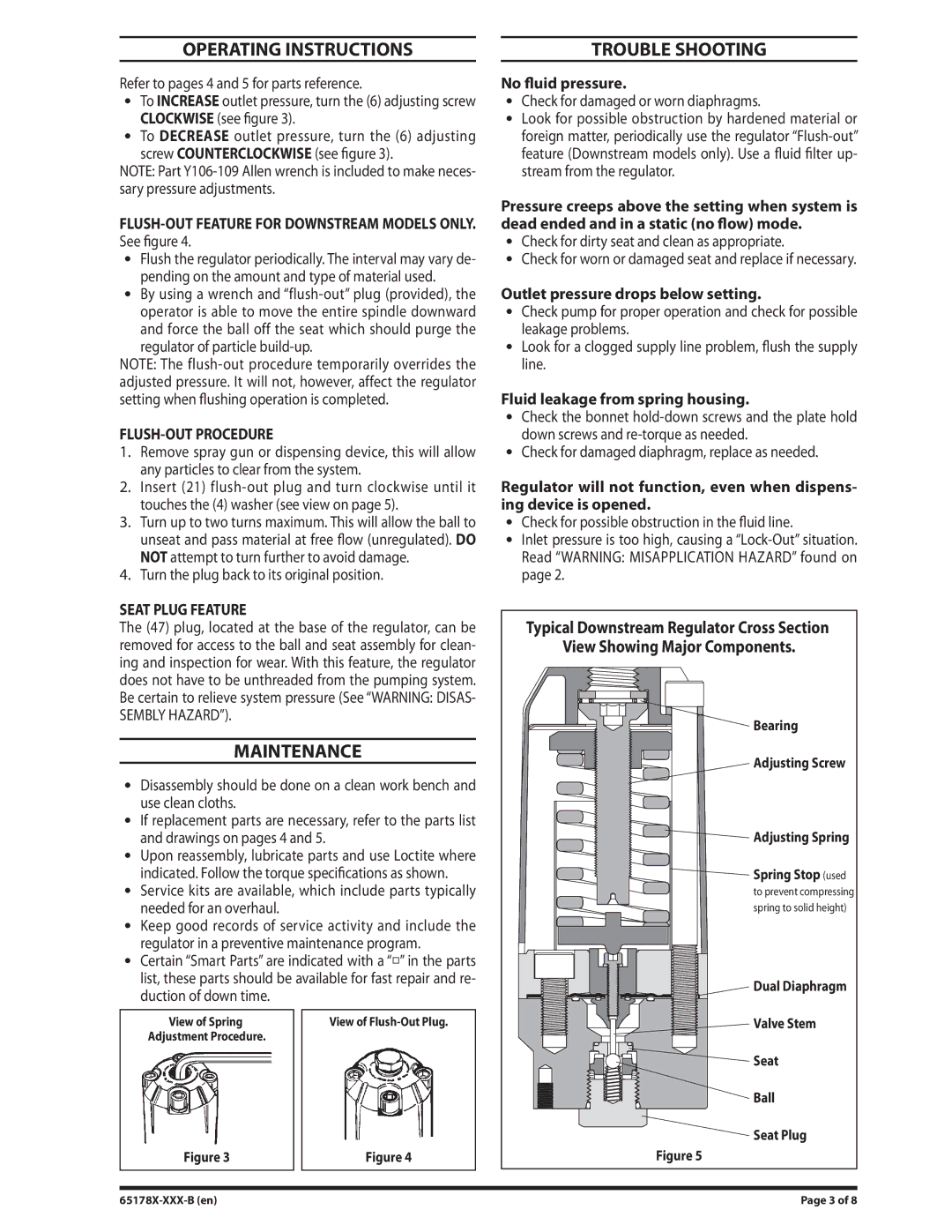 Ingersoll-Rand 65178X-XXX-B Operating Instructions, Maintenance, Trouble Shooting, FLUSH-OUT Procedure, Seat Plug Feature 