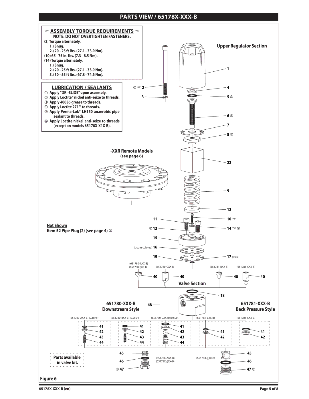 Ingersoll-Rand Parts View / 65178X-XXX-B, Assembly Torque Requirements, Lubrication / Sealants, XXR Remote Models 