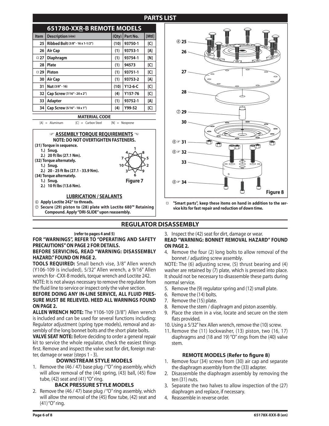 Ingersoll-Rand 65178X-XXX-B specifications Parts List XXR-B Remote Models, Regulator Disassembly 