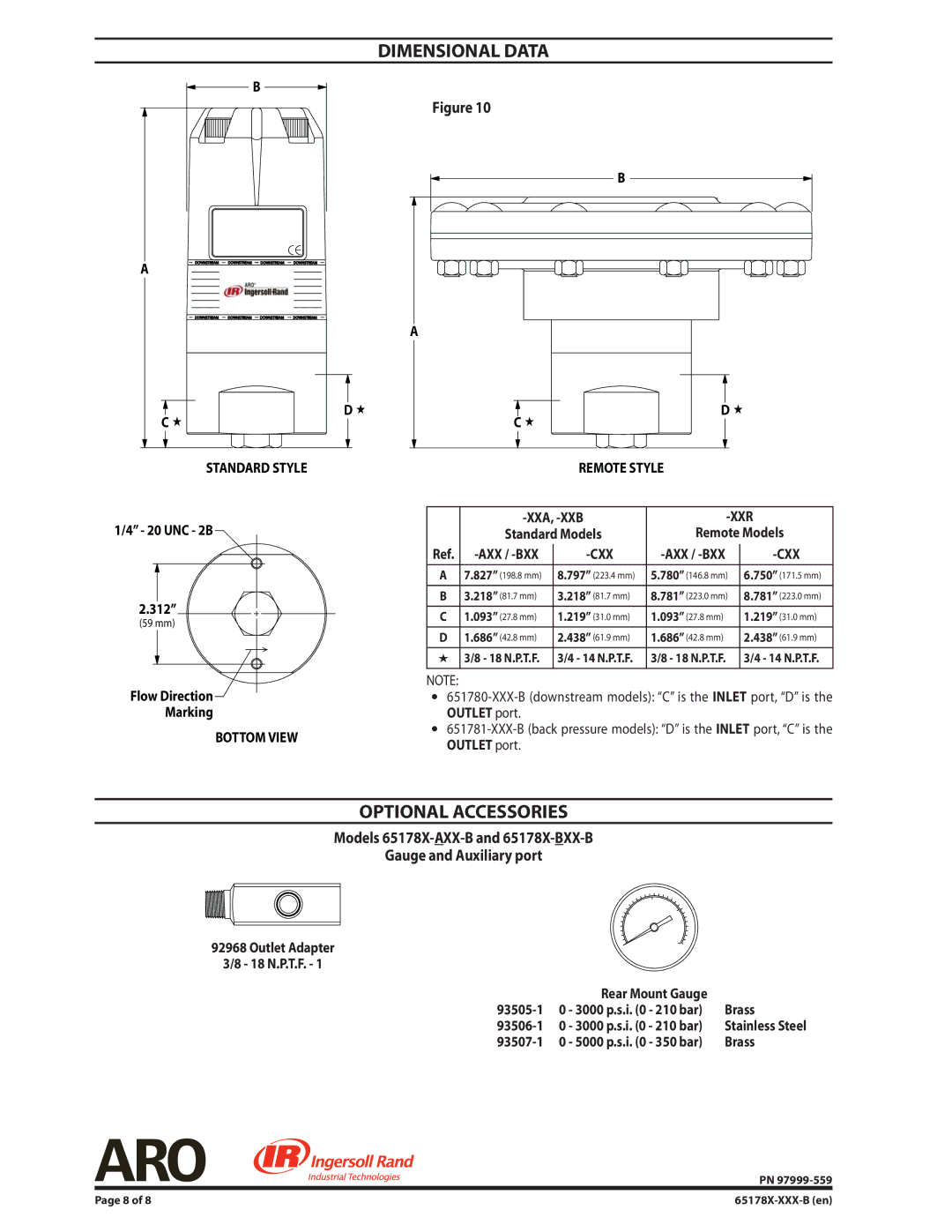 Ingersoll-Rand 65178X-XXX-B specifications Dimensional Data, Optional Accessories, Standard Models Remote Models, Brass 