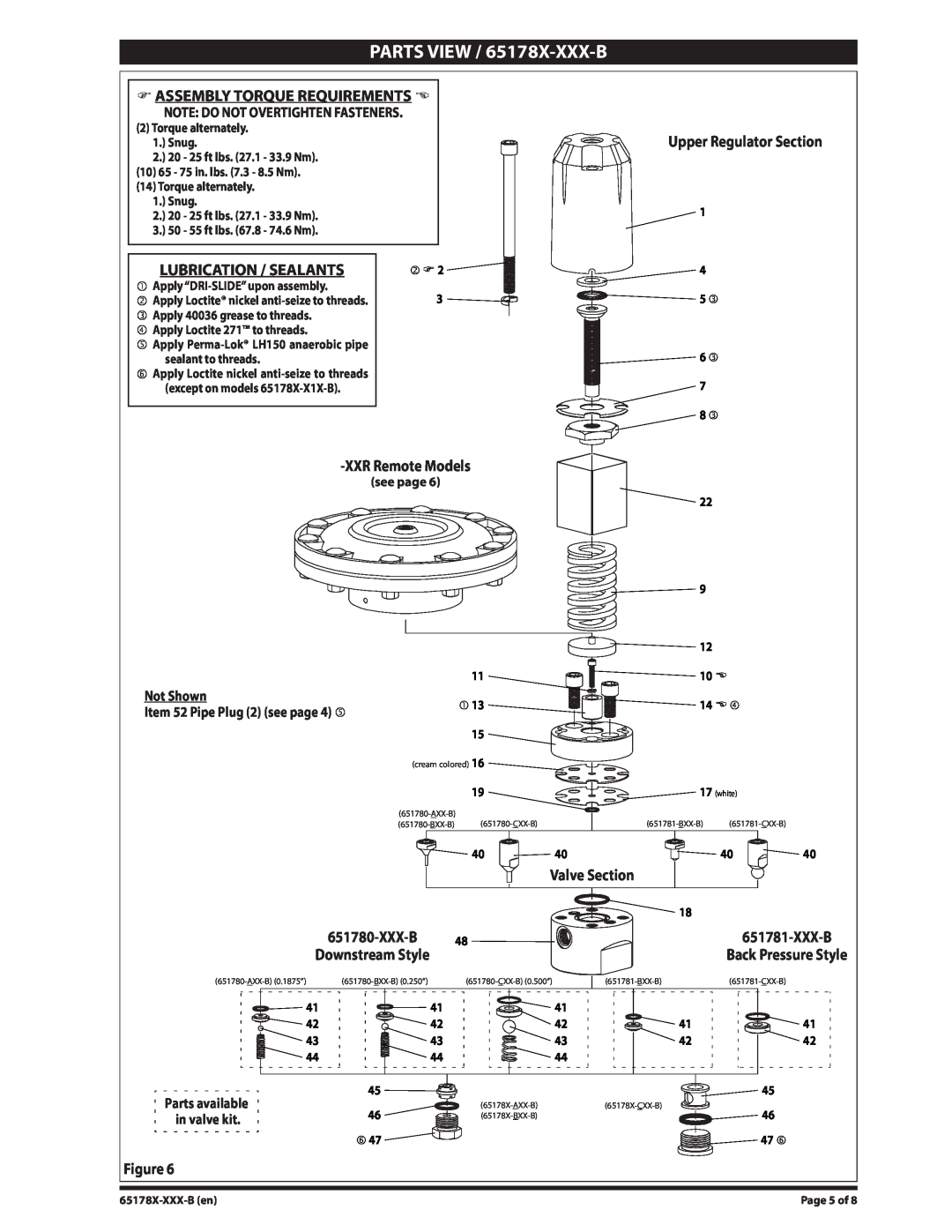 Ingersoll-Rand PARTS VIEW / 65178X-XXX-B, Assembly Torque Requirements, Lubrication / Sealants, XXRRemote Models, Xxx-B 