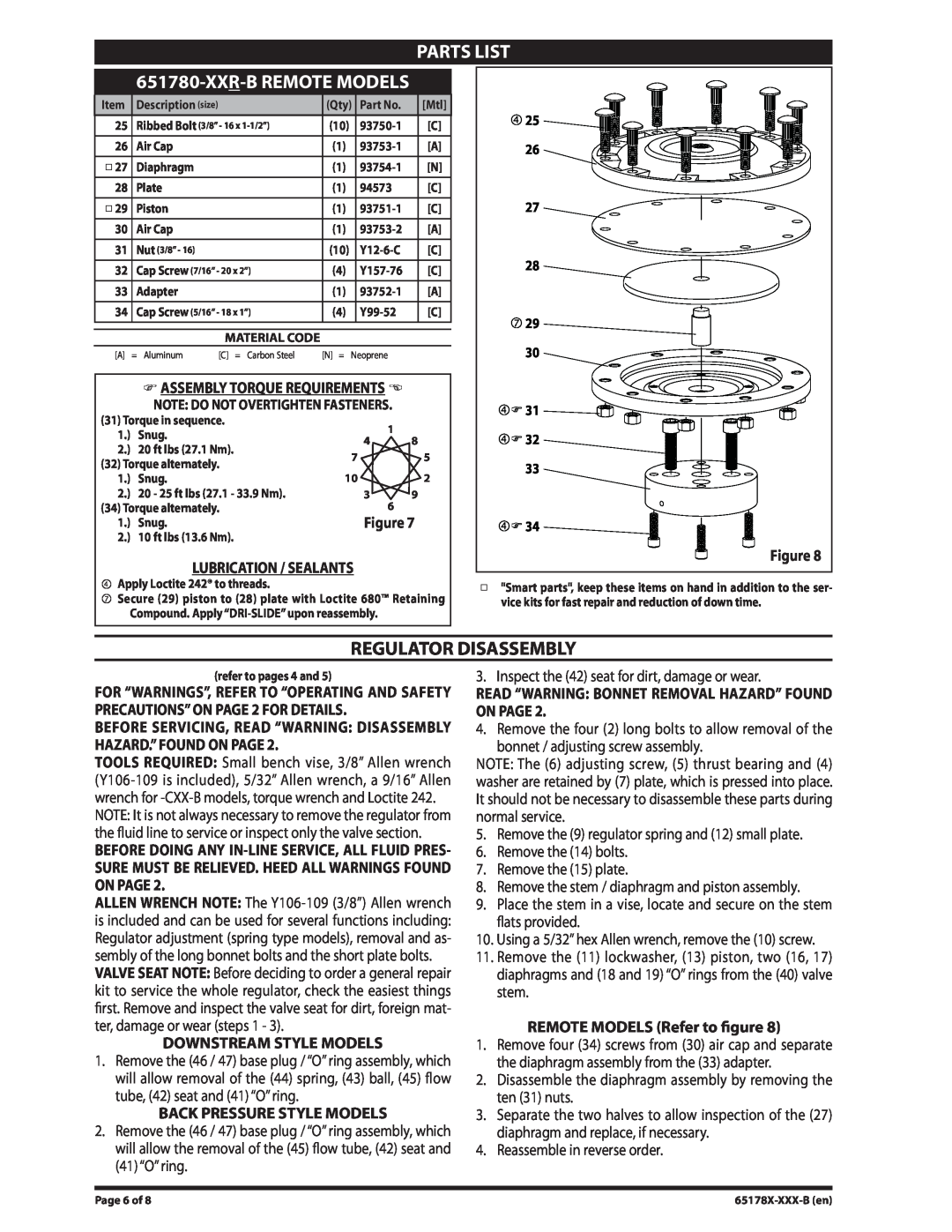 Ingersoll-Rand 65178X-XXX-B specifications Parts List, Xxr-Bremote Models, Regulator Disassembly, Downstream Style Models 