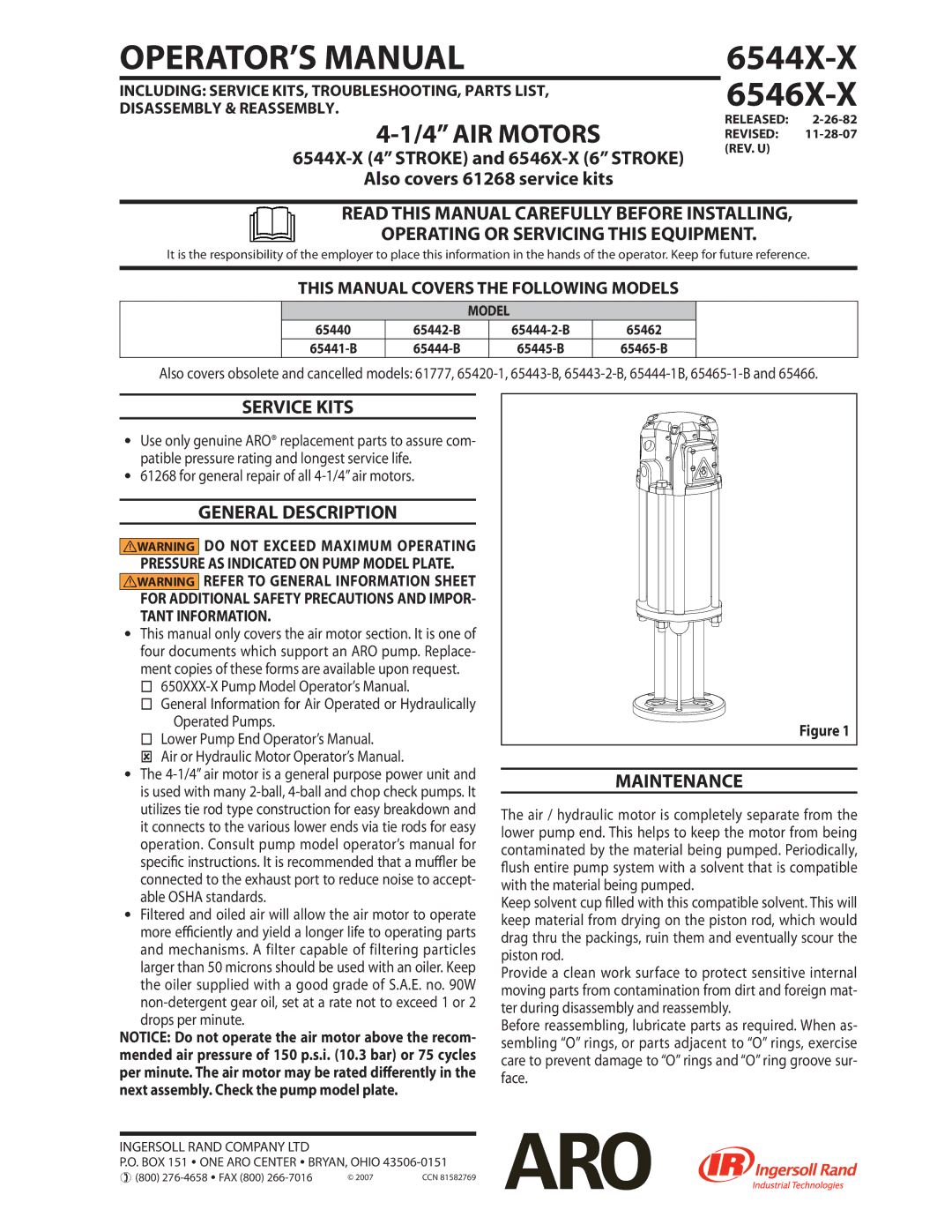 Ingersoll-Rand 6546X-X, 6544X-X manual Service Kits, General Description, Maintenance 