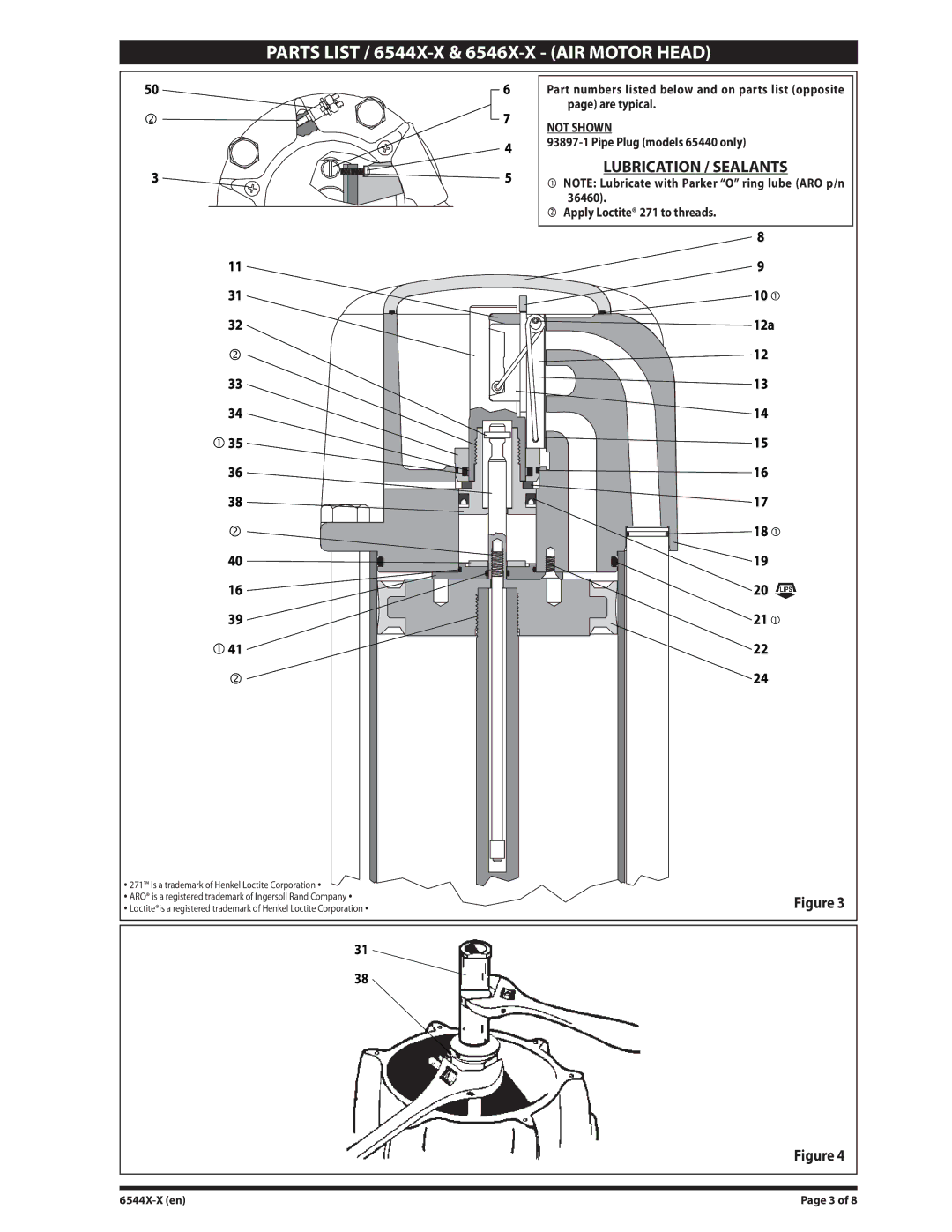 Ingersoll-Rand Parts List / 6544X-X & 6546X-X AIR Motor Head, Pipe Plug models 65440 only, Apply Loctite 271 to threads 