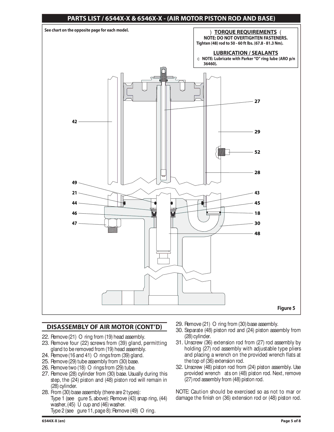 Ingersoll-Rand 6546X-X, 6544X-X manual Disassembly of AIR Motor CONT’D, Tighten 48 rod to 50 60 ft lbs .8 81.3 Nm 