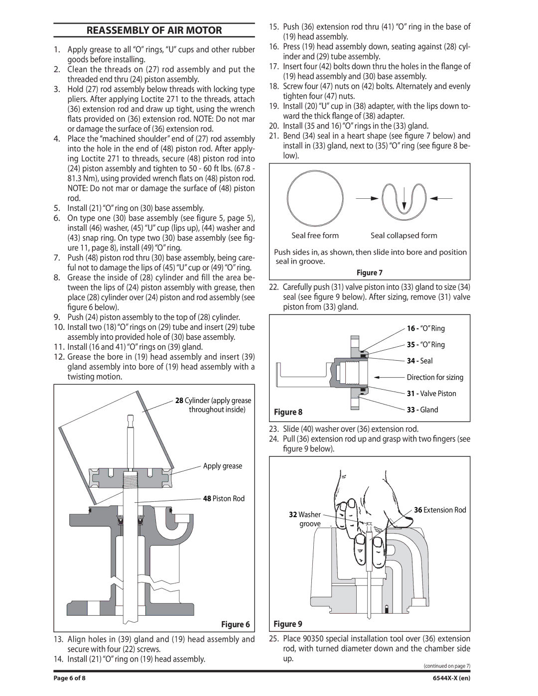 Ingersoll-Rand 6544X-X, 6546X-X manual Reassembly of AIR Motor, Push 24 piston assembly to the top of 28 cylinder 