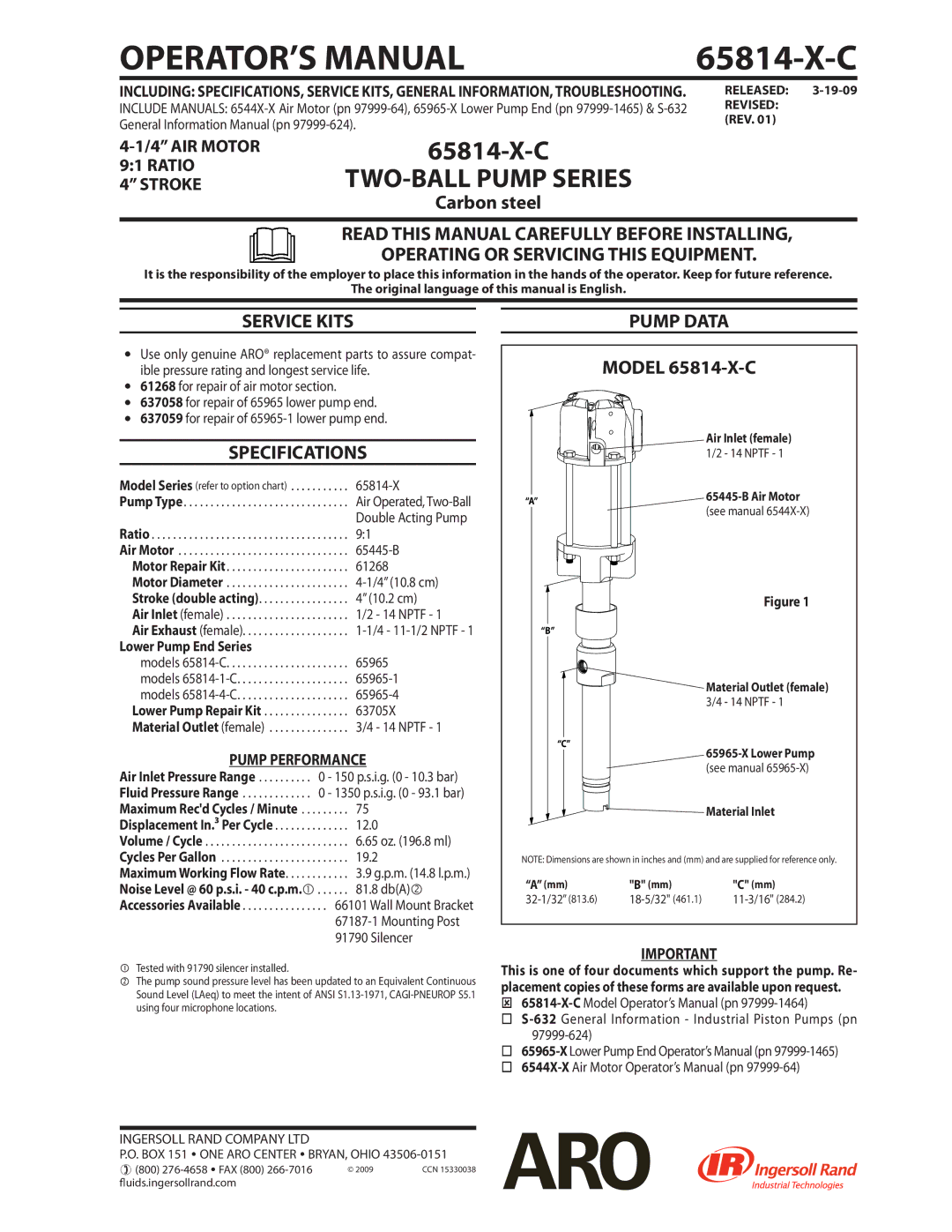 Ingersoll-Rand 65814-X-C specifications Service Kits, Specifications, Pump Data 