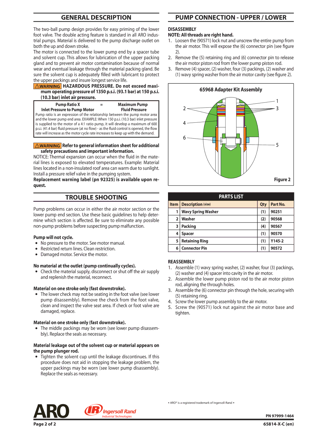 Ingersoll-Rand 65814-X-C specifications General Description, Pump Connection Upper / Lower, Trouble Shooting 