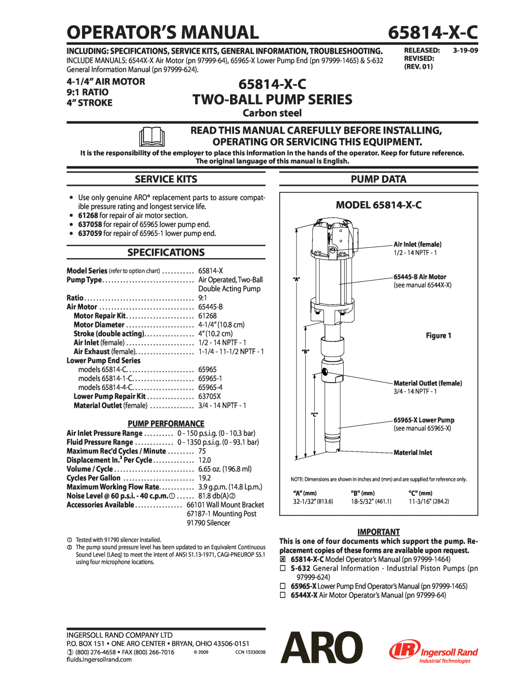 Ingersoll-Rand 65814-X-C specifications Carbon steel READ THIS MANUAL CAREFULLY BEFORE INSTALLING, Service Kits, 12.0 