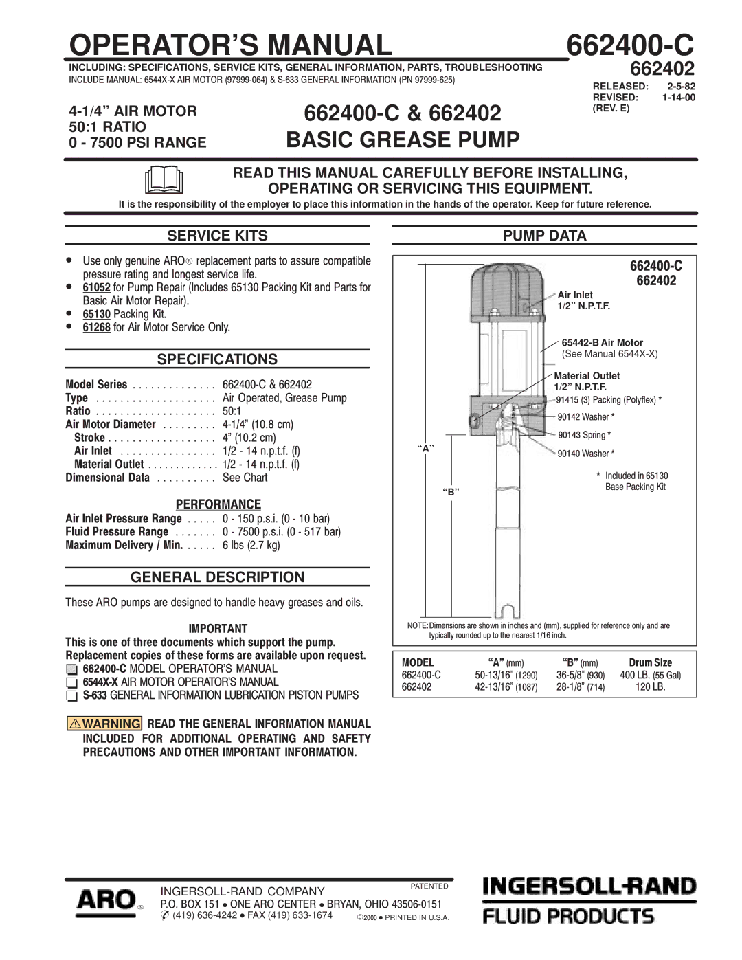 Ingersoll-Rand 662402, 662400-C specifications Service Kits, General Description, Pump Data 