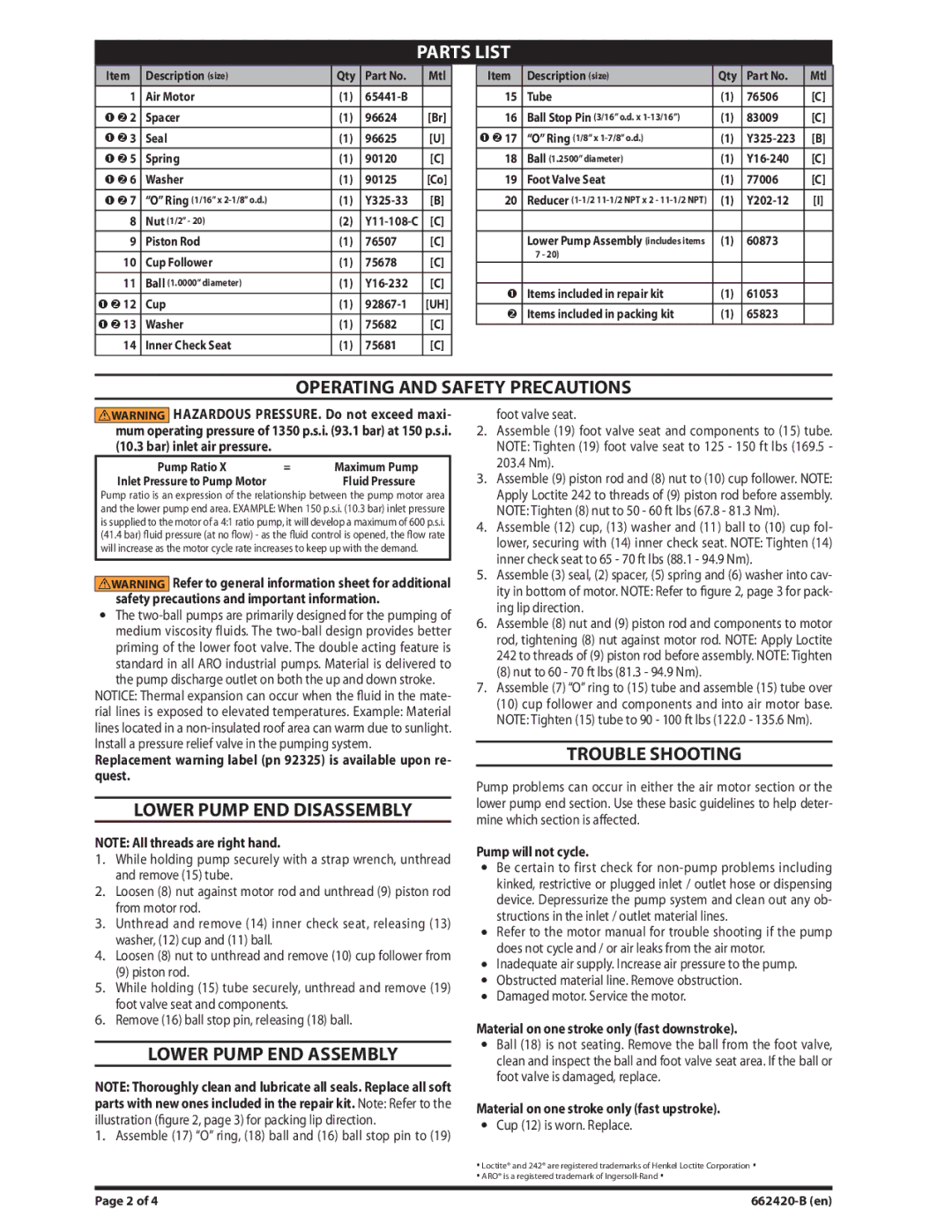 Ingersoll-Rand 662420-B Operating and Safety Precautions, Lower Pump END Disassembly, Lower Pump END Assembly 