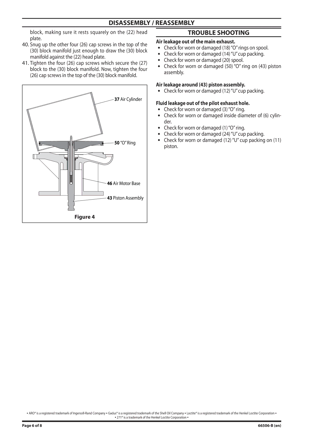 Ingersoll-Rand 66506-B manual Disassembly / Reassembly, Trouble Shooting, Air leakage out of the main exhaust 