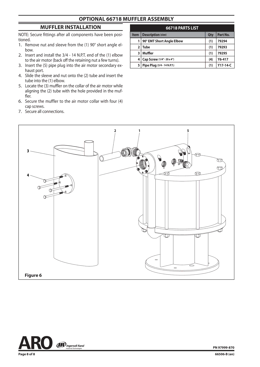 Ingersoll-Rand 66506-B manual Optional 66718 Muffler Assembly Muffler Installation 