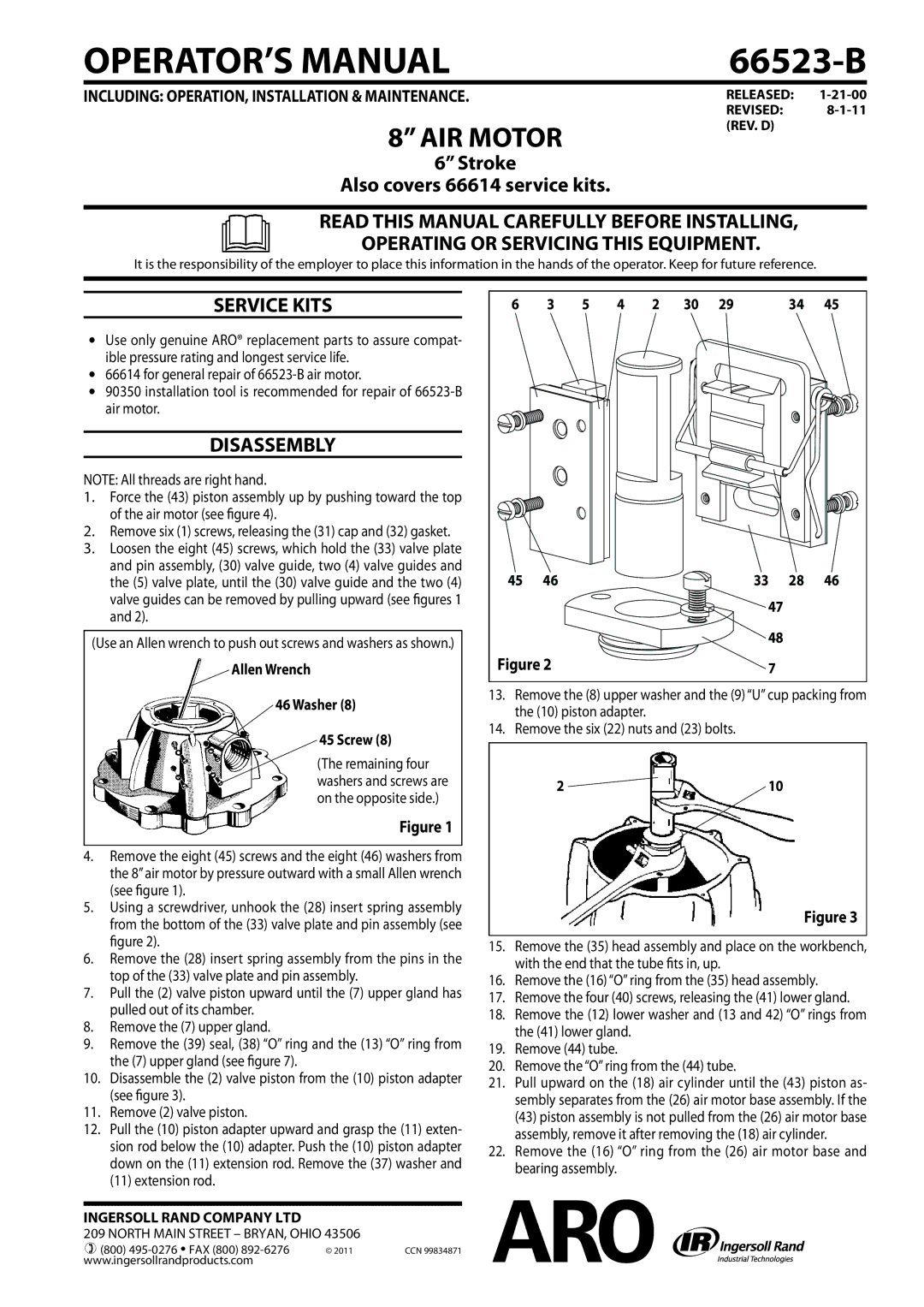 Ingersoll-Rand 66523-B manual Service Kits, Disassembly, Allen Wrench Washer Screw 