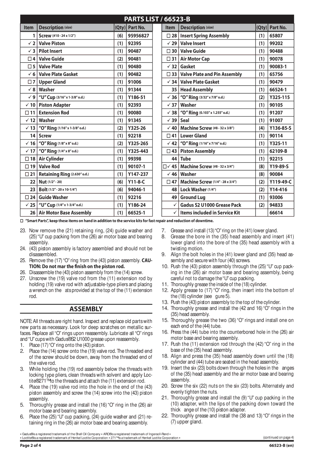 Ingersoll-Rand 66523-B manual Assembly 