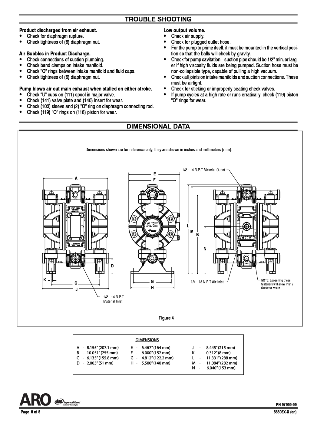 Ingersoll-Rand 66605X-X manual Trouble Shooting, Dimensional Data, Product discharged from air exhaust, Low output volume 