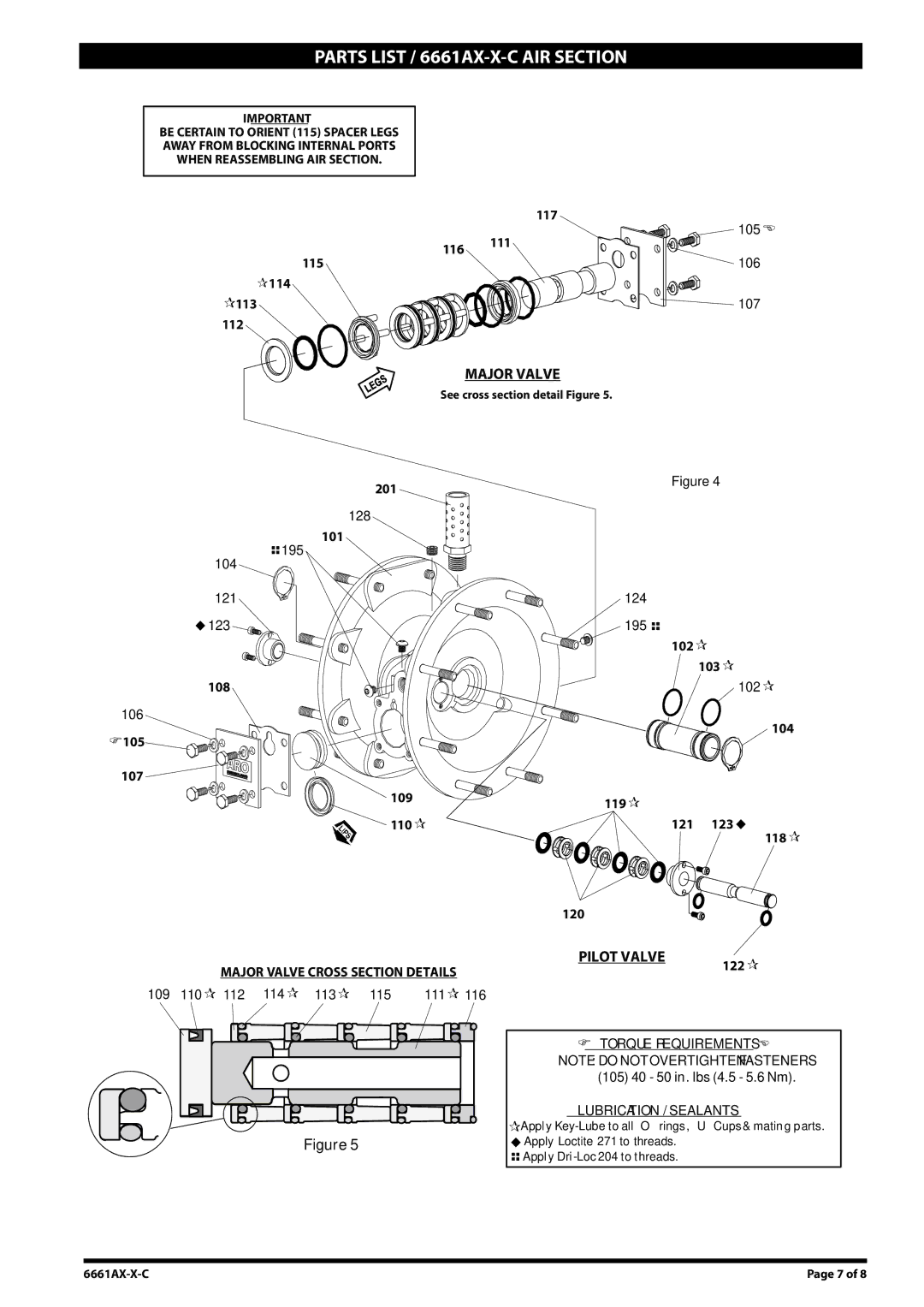 Ingersoll-Rand manual Parts List / 6661AX-X-C AIR Section, Pilot Valve, Major Valve Cross Section Details 