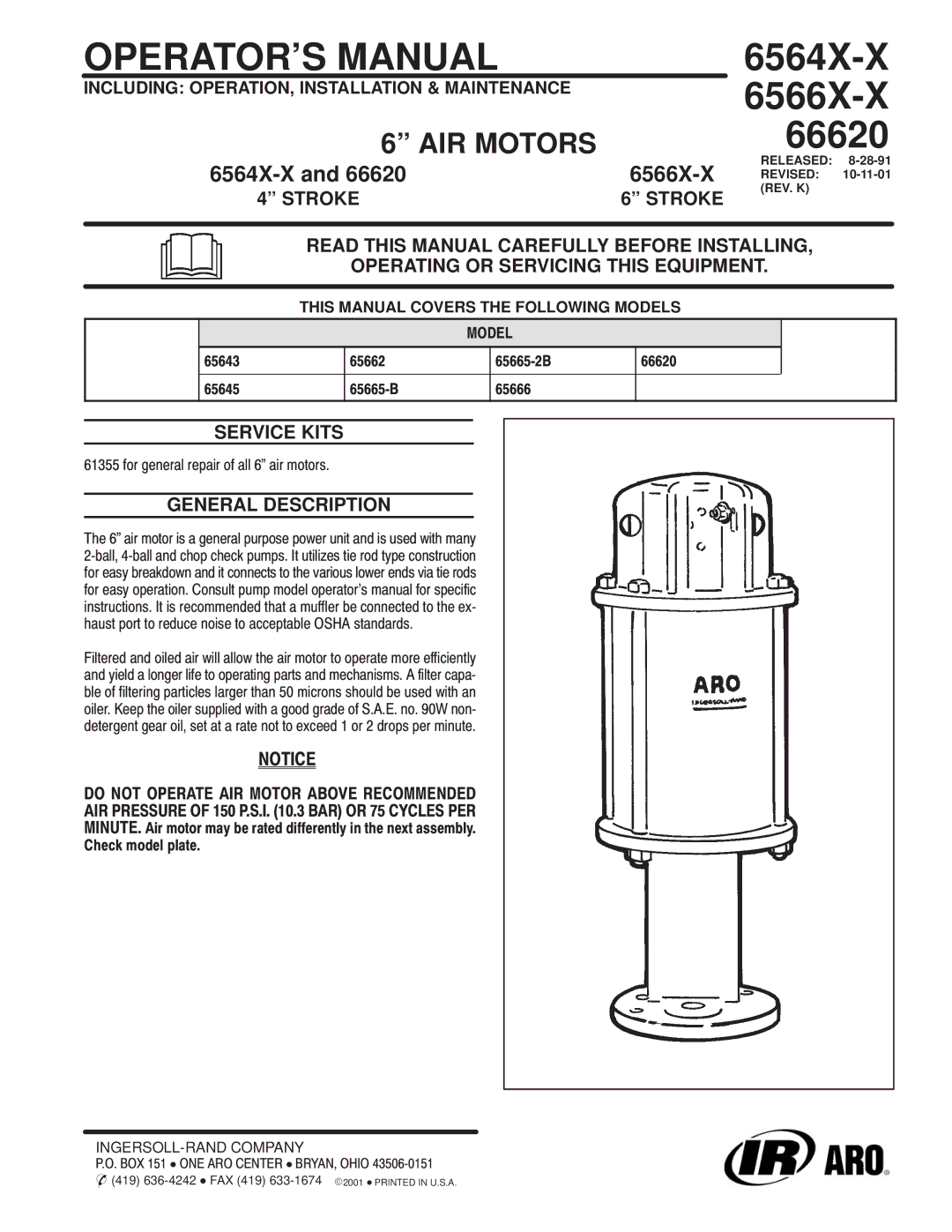 Ingersoll-Rand 65665B, 66620, 65662, 656652B, 65643, 65645, 65666 manual Service Kits, General Description 